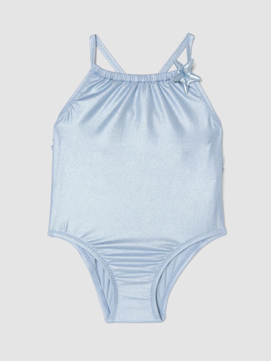 Light blue stretch swimsuit with ruffle detail for baby girls_0