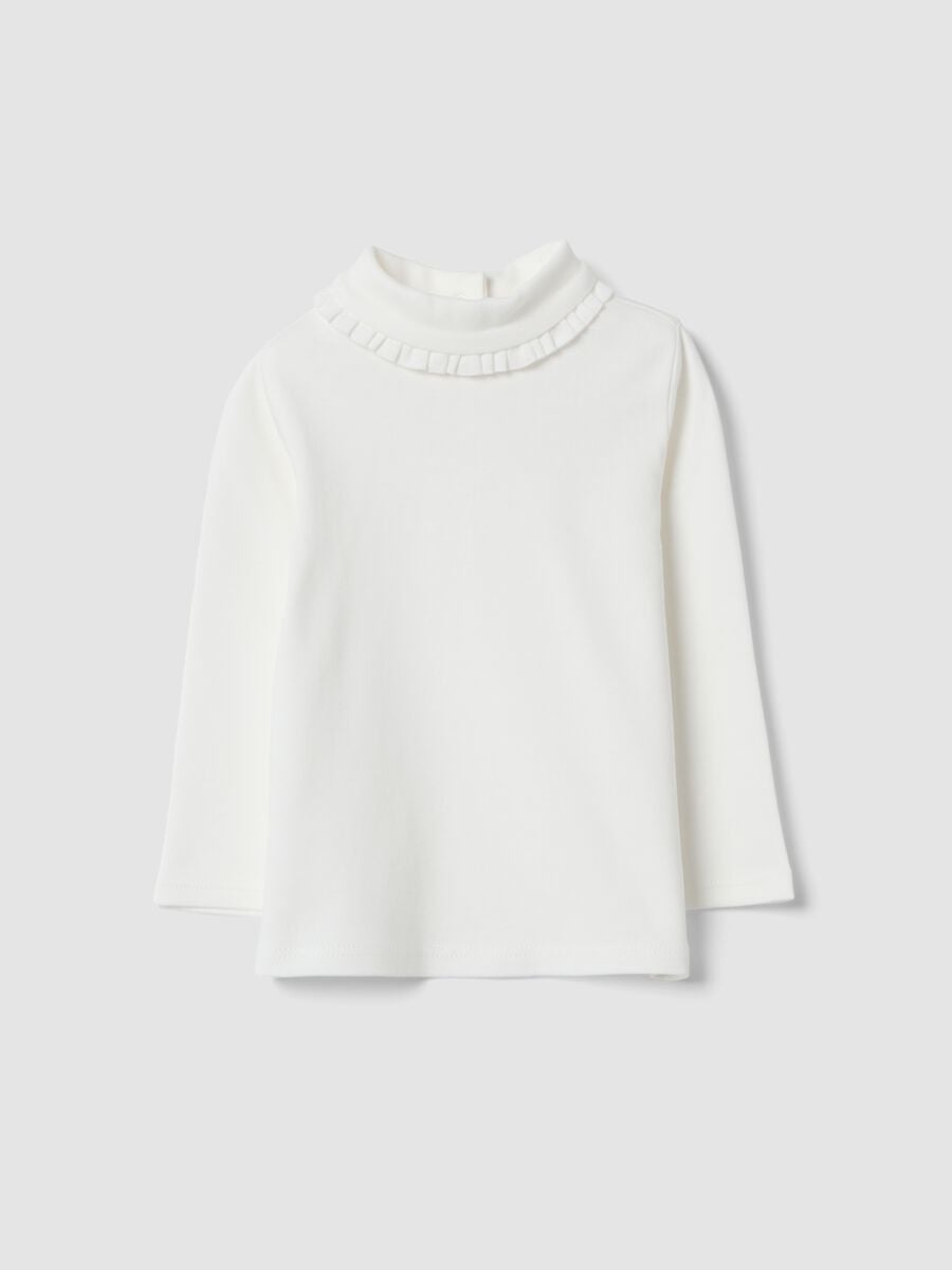 White pure cotton top with high neck and ruffles_0