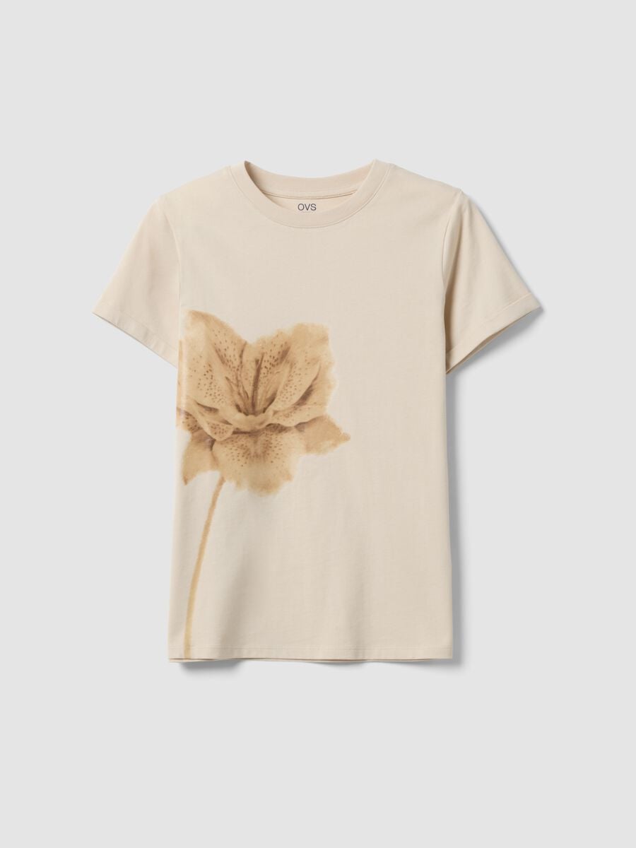 T-shirt beige in puro cotone con girocollo e stampa floreale regular fit_4