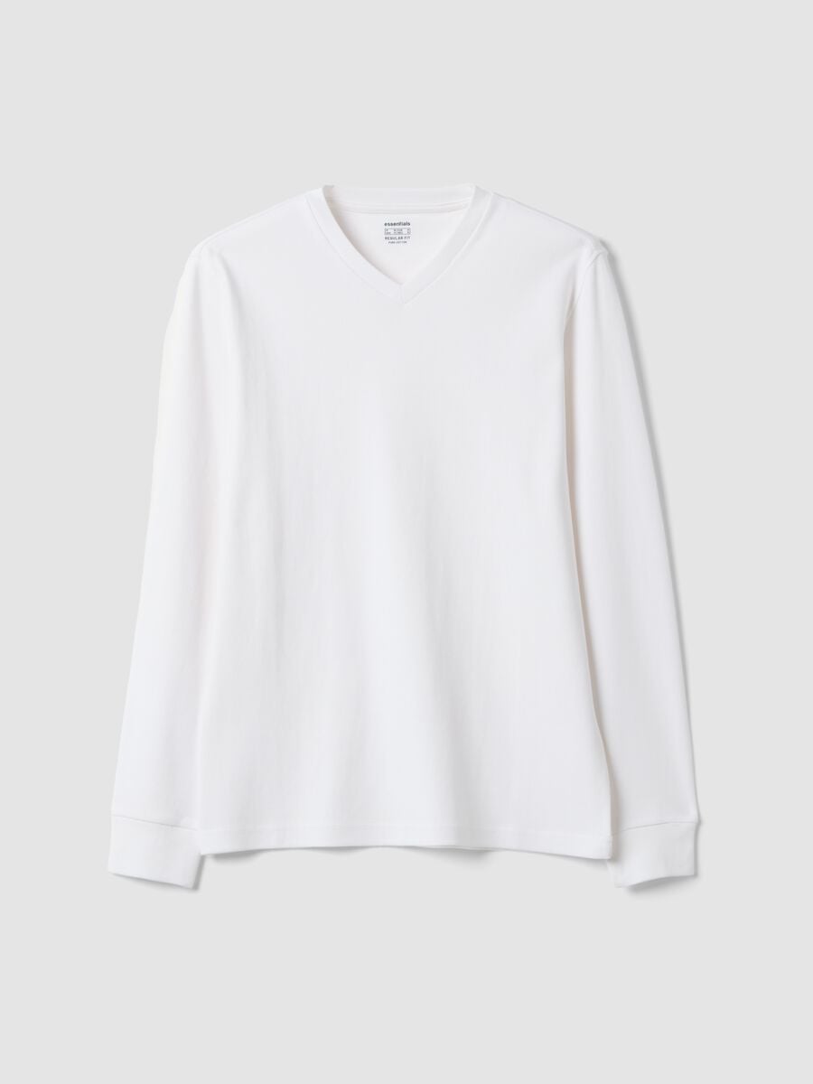 White pure cotton V-neck T-shirt, regular fit_0
