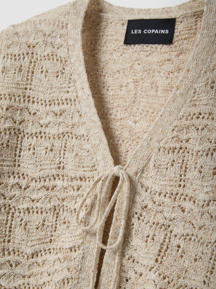 Beige crochet-style cotton and linen blend cardigan with deep V-neck, regular fit_1
