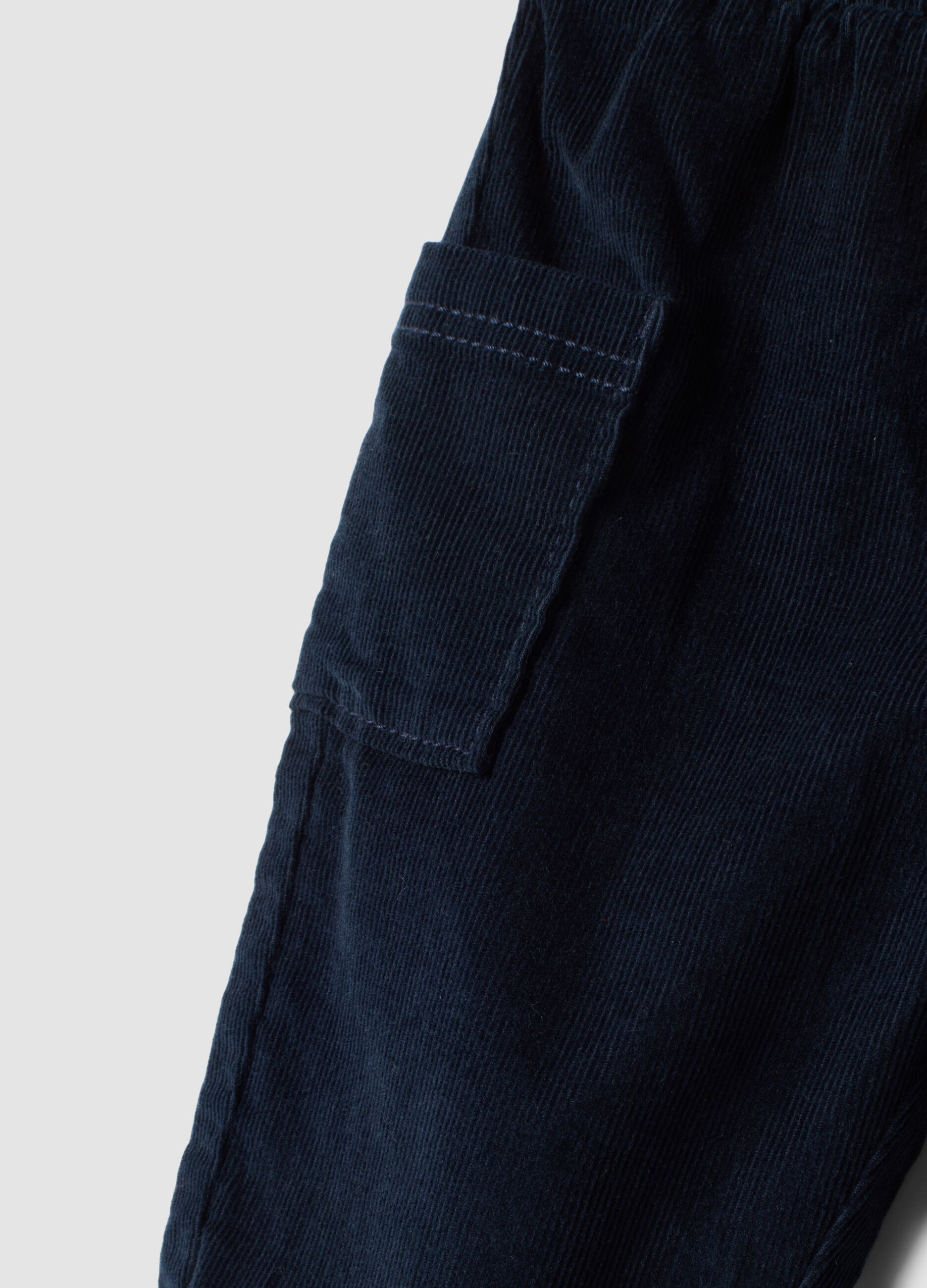 Pantaloni cargo blu a coste in puro cotone con vita elasticizzata