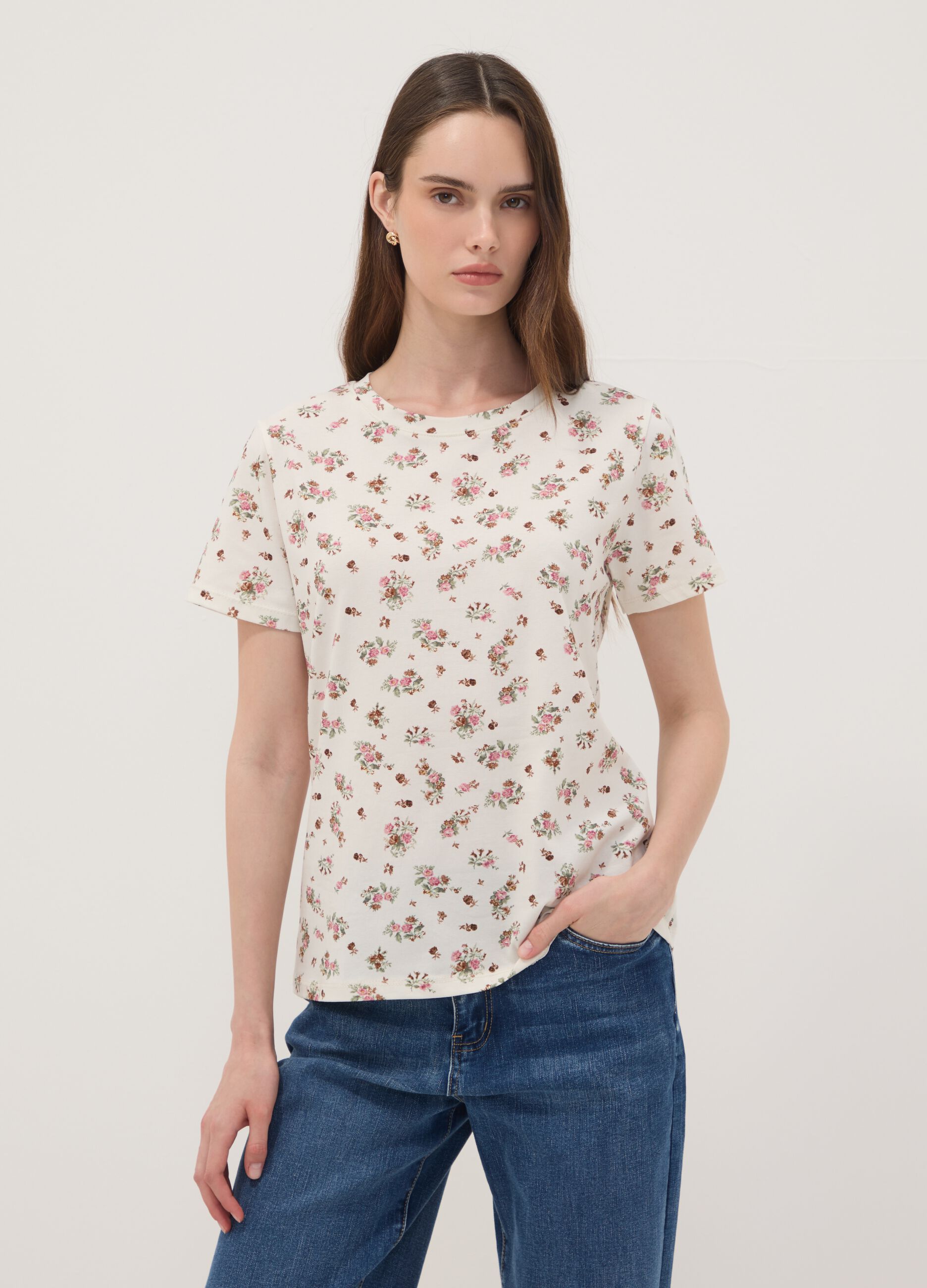 White floral stretch-cotton T-shirt, regular fit