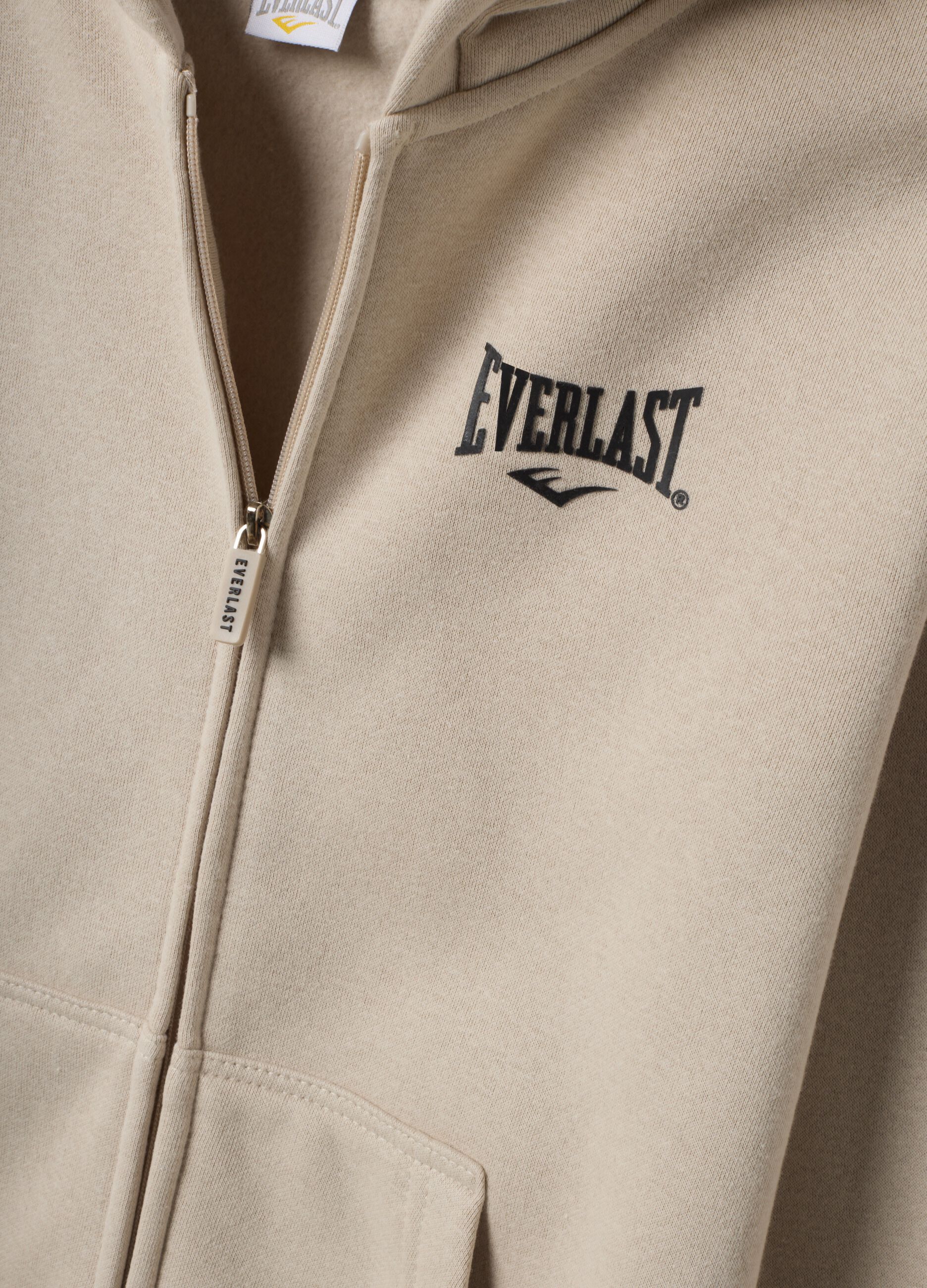 Beige full-zip hooded sweatshirt in cotton blend, regular fit