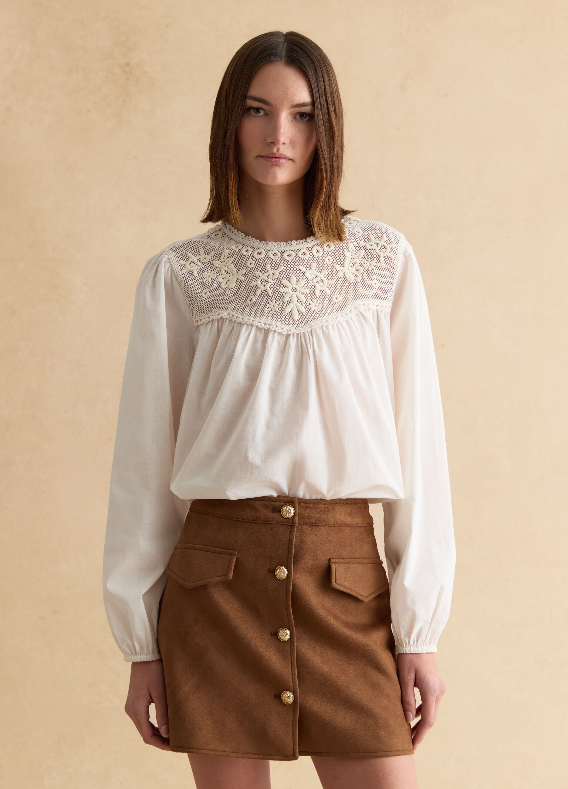 White pure cotton blouse regular fit with embroidery