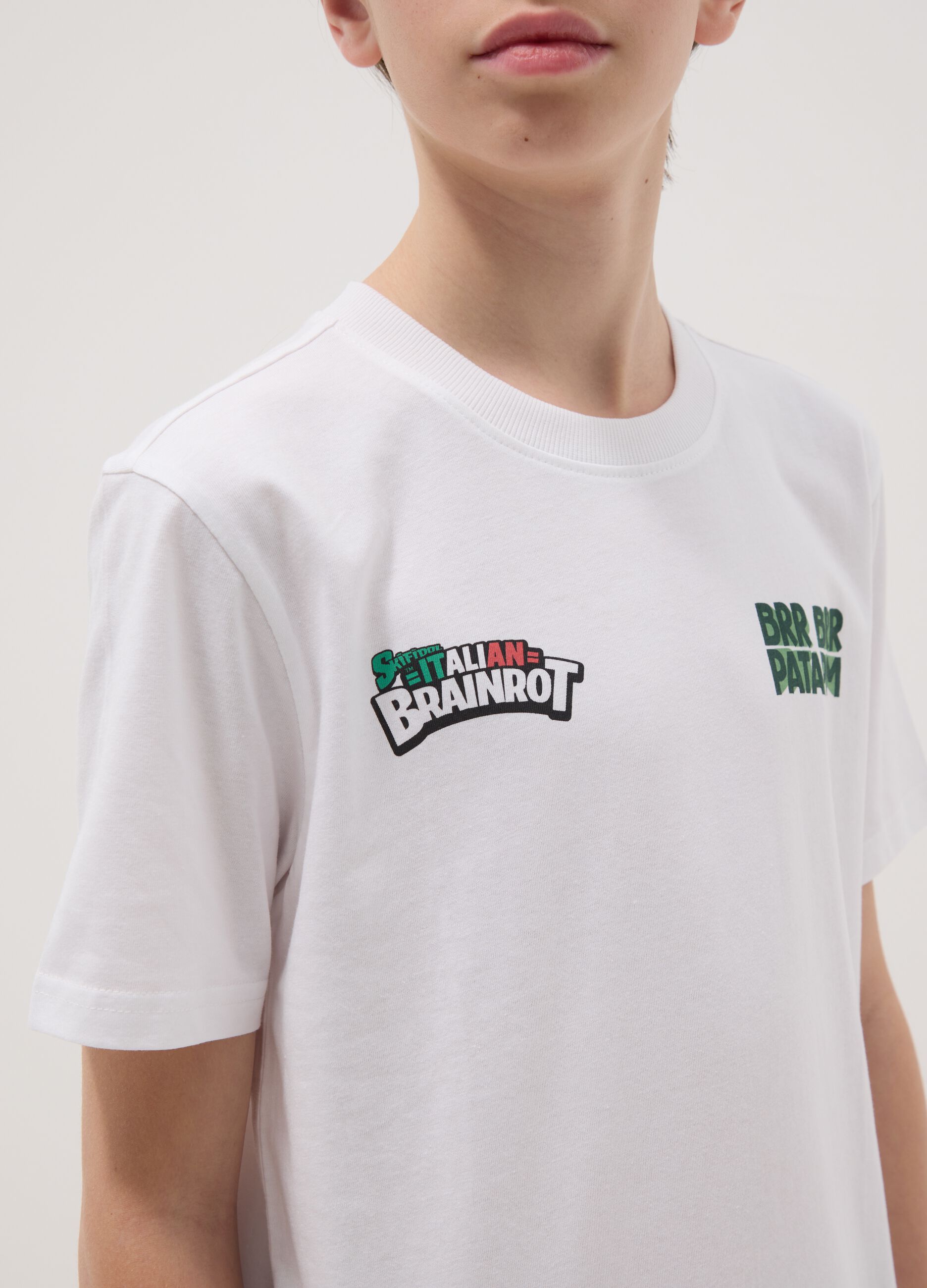 Boys' white pure cotton t-shirt regular fit with prints