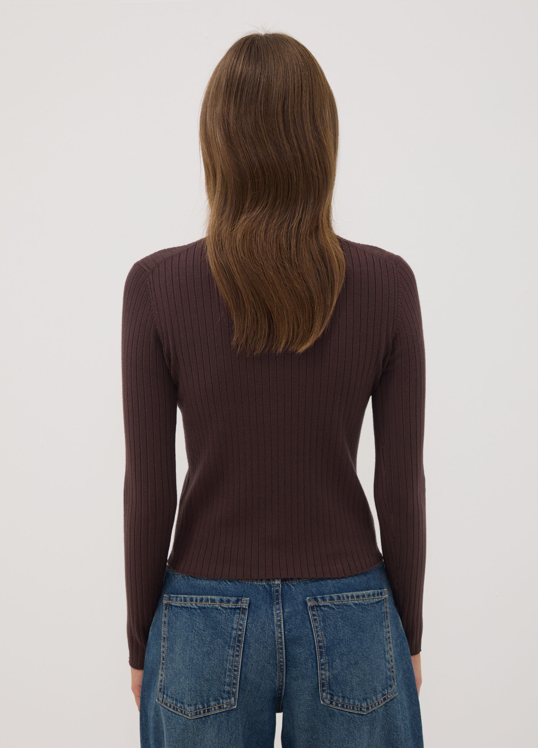 Brown ribbed viscose-blend top with high neck