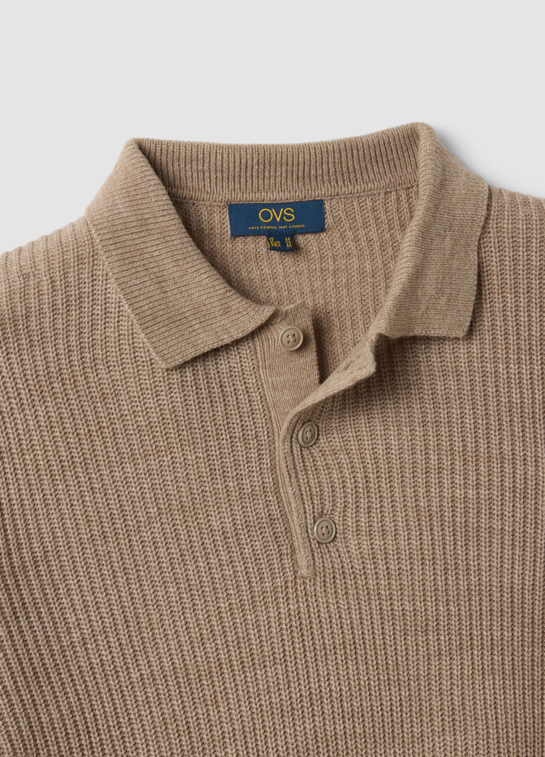 Beige long-sleeved ribbed knit polo shirt