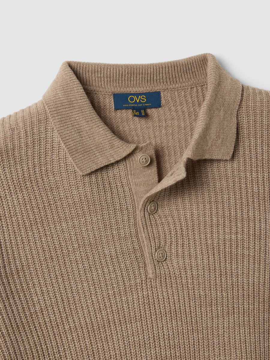 Beige long-sleeved ribbed knit polo shirt_1
