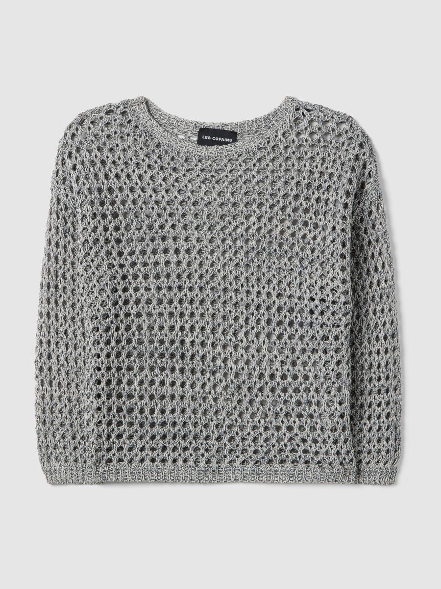 Maglione grigio in misto cotone con trama a rete_4