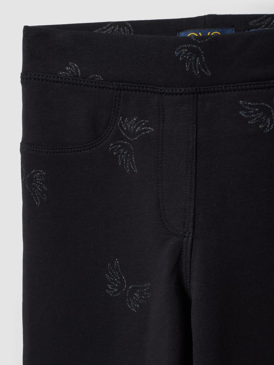 Black flared organic stretch-cotton treggings with glitter wing print_2
