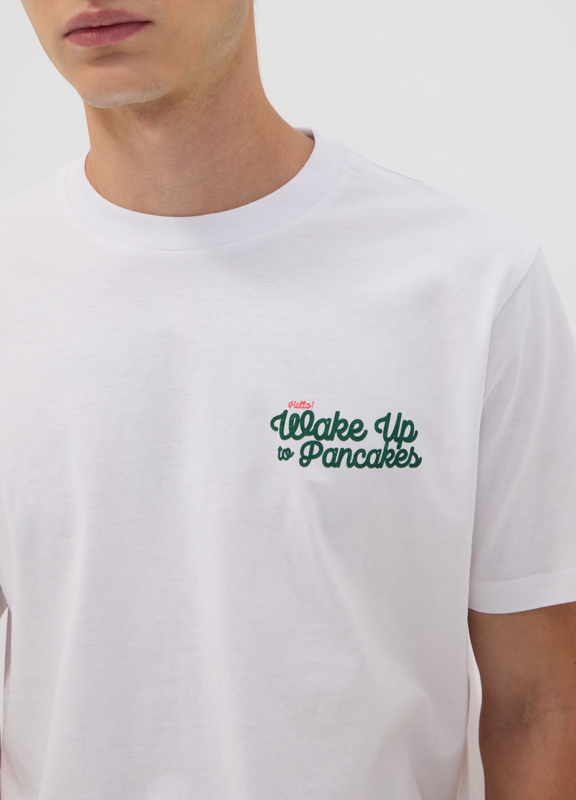 White pure cotton jersey T-shirt with print, regular fit