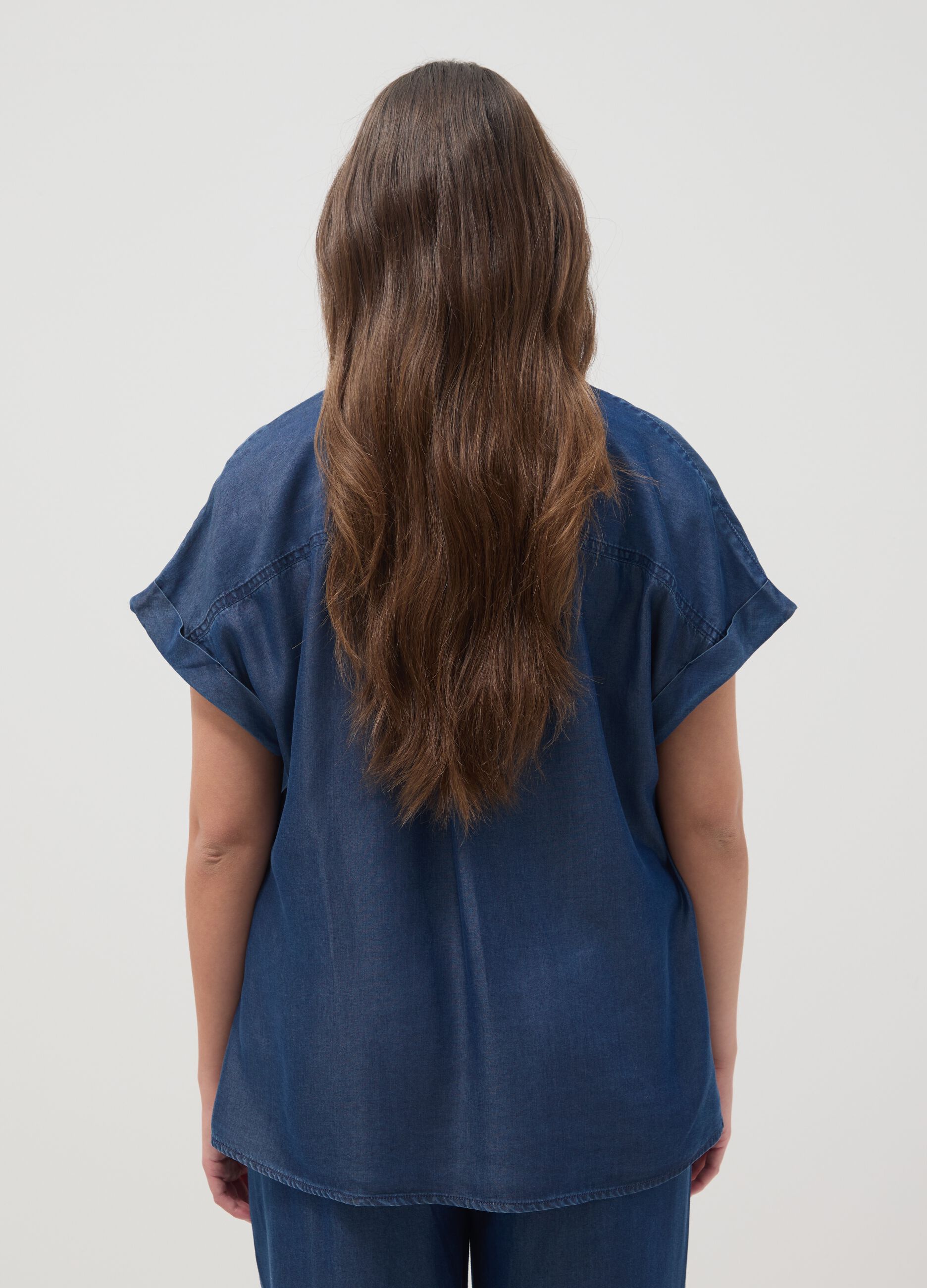 Blue pure lyocell regular fit shirt with mandarin collar