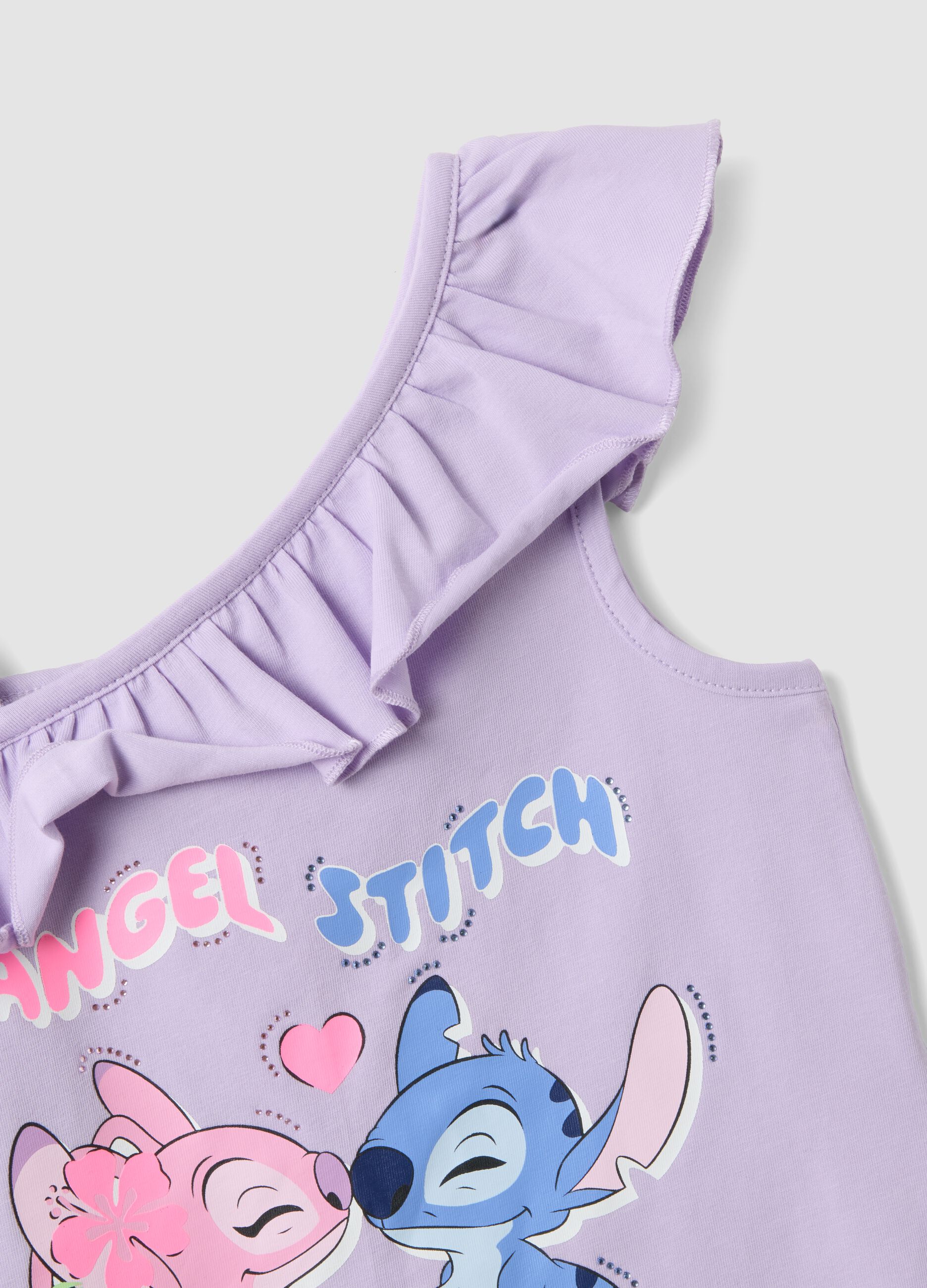 Purple stretch cotton girls&rsquo; tank top with frills and Stitch print
