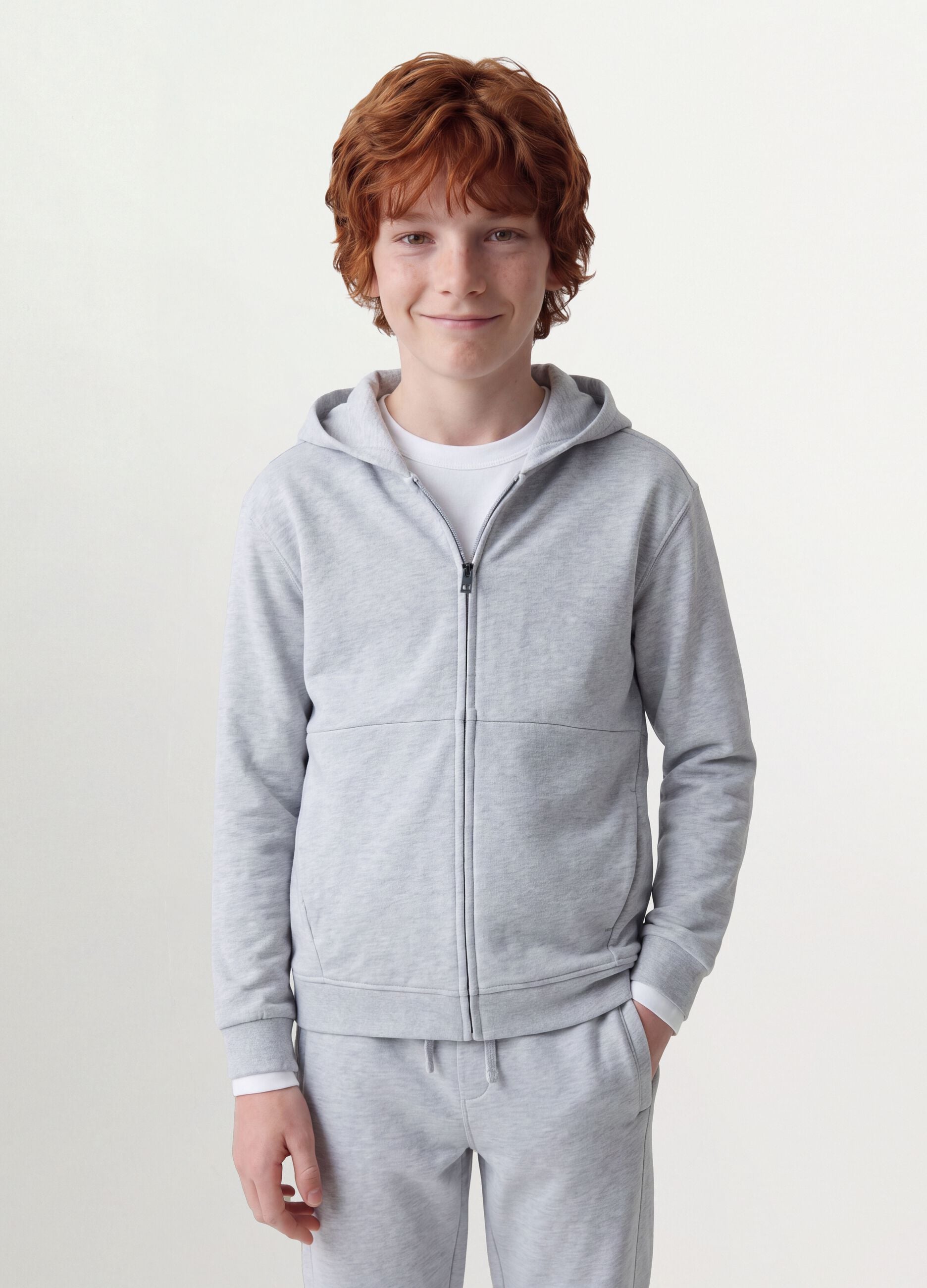 Grey hooded zip-up sweatshirt in pure organic cotton for boys, relaxed fit