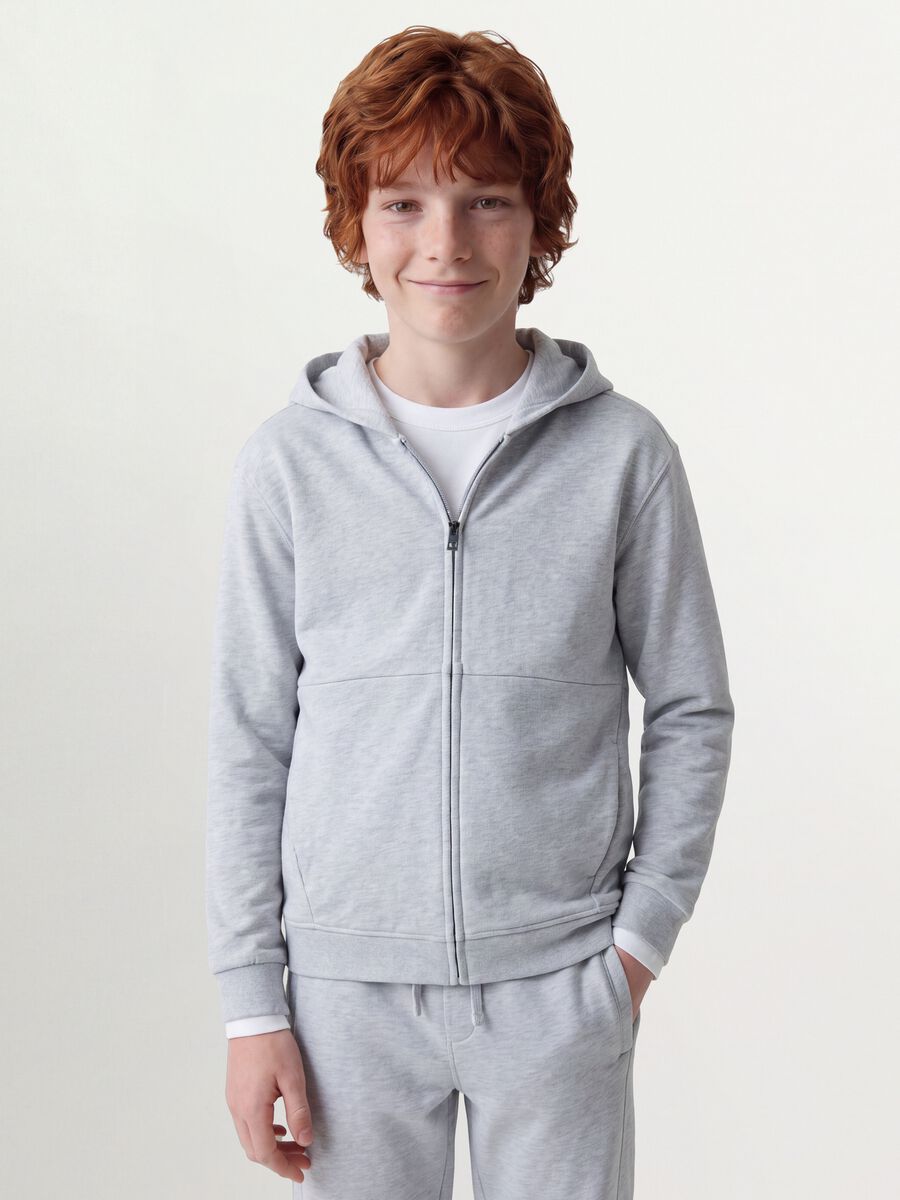 Grey hooded zip-up sweatshirt in pure organic cotton for boys, relaxed fit_1