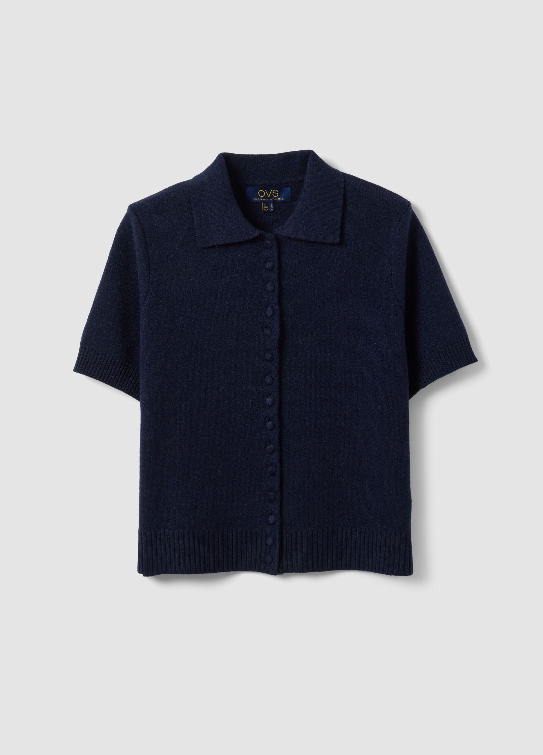 Cardigan blu in misto lana con colletto polo regular fit