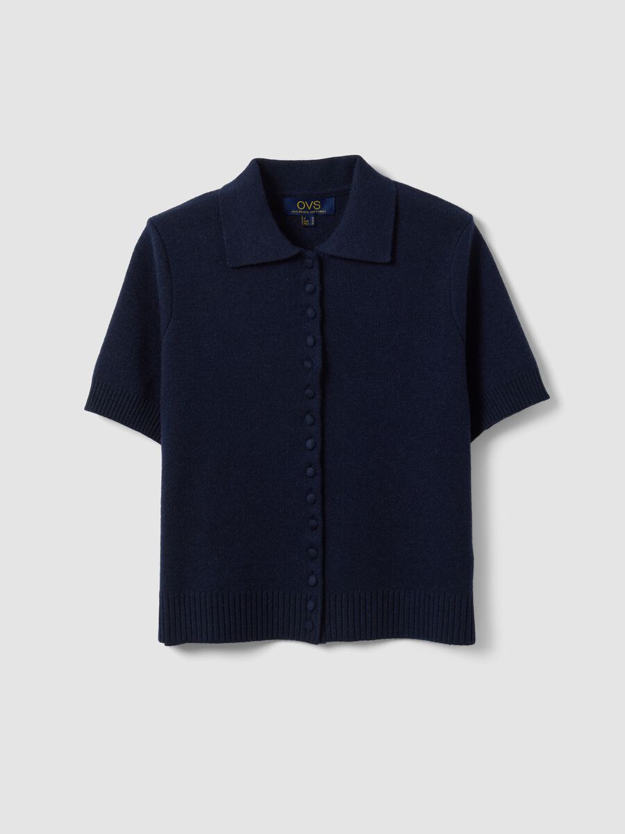 Cardigan blu in misto lana con colletto polo regular fit_4