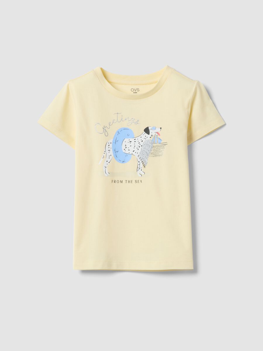 Girls&rsquo; yellow pure organic cotton T-shirt with print and glitter_0