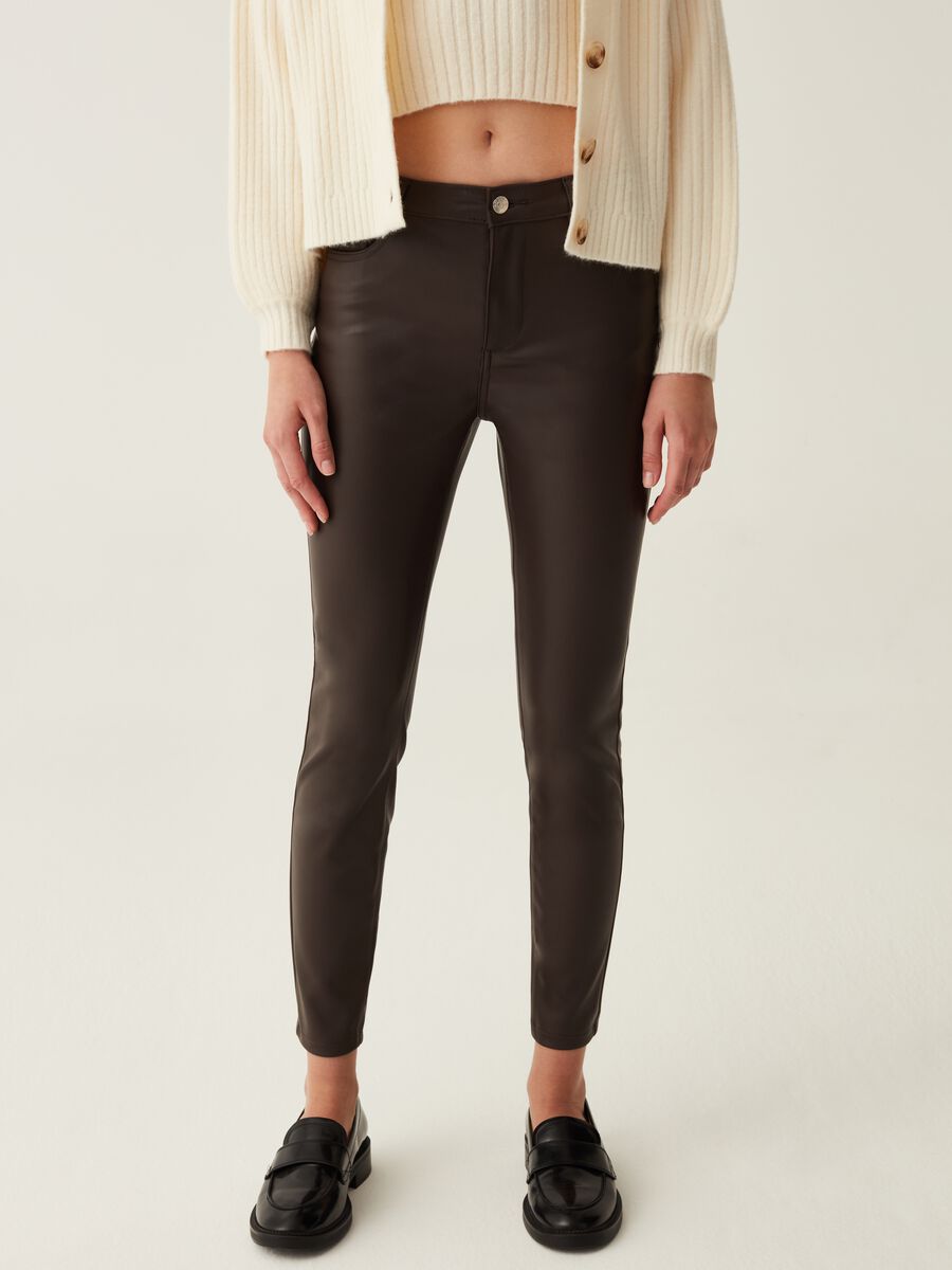 Cropped skinny-fit shiny-effect trousers_1