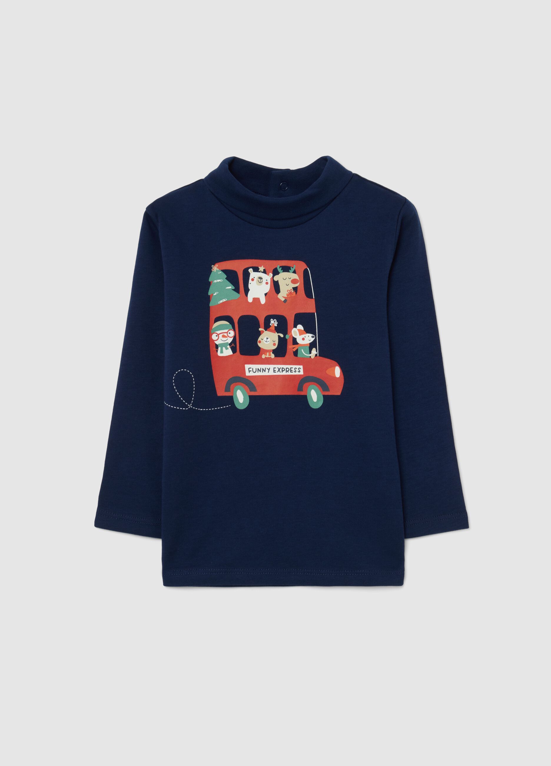 Blue mock neck baby sweater in pure cotton regular fit with print