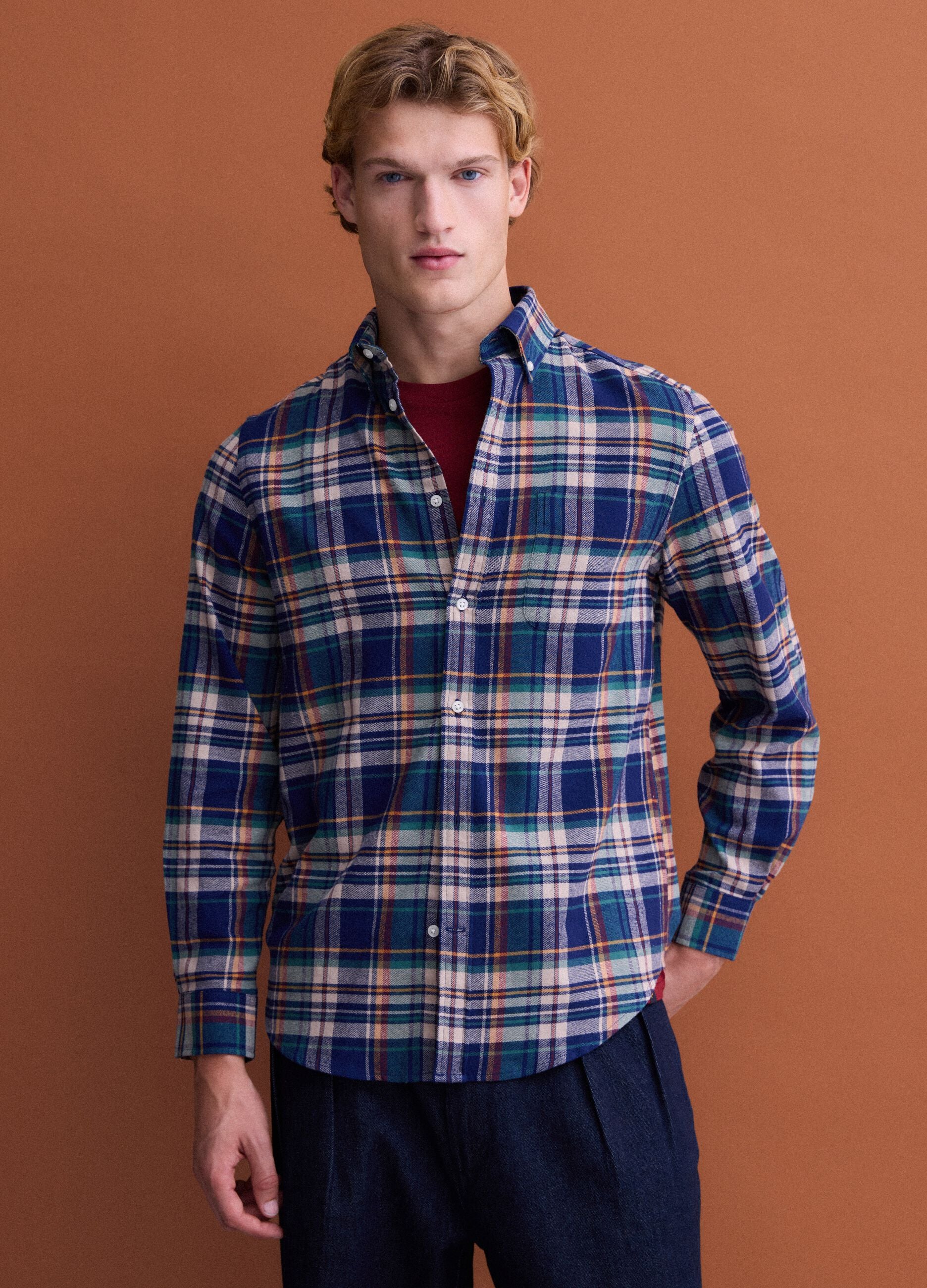 Blue and green checked pure cotton flannel shirt, regular fit