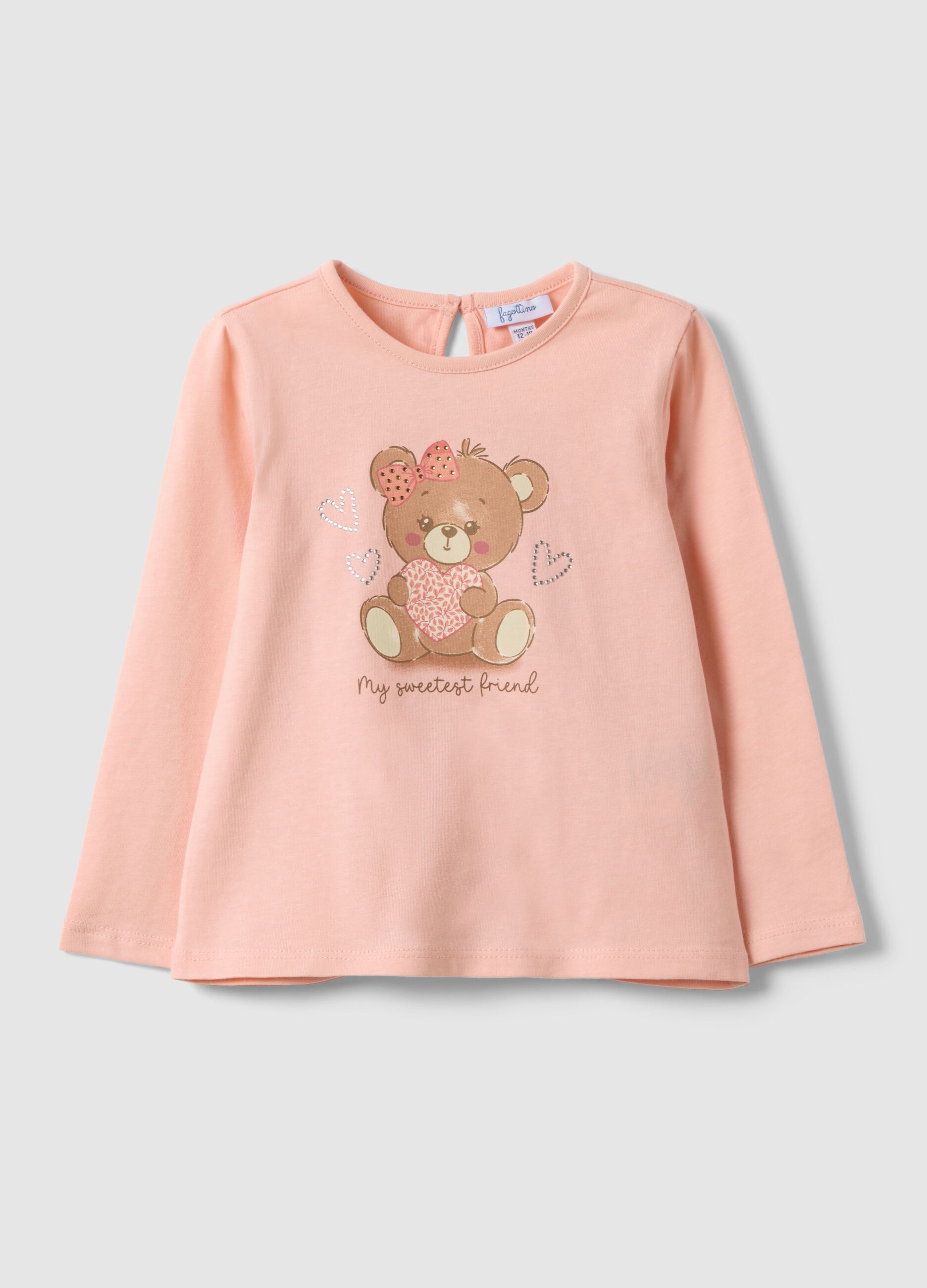 Girls' pink pure cotton regular fit T-shirt with teddy bear