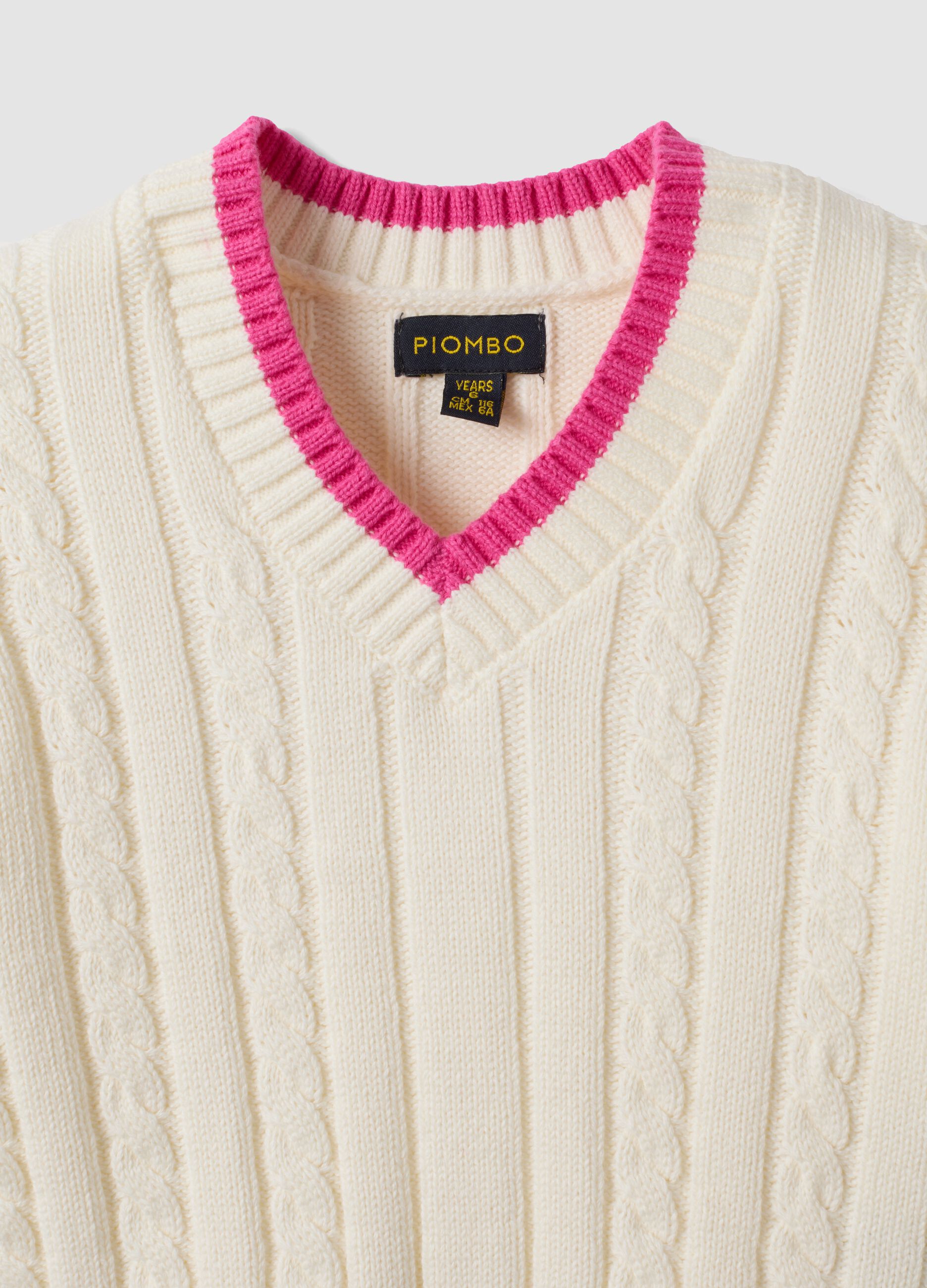 White pure cotton cable-knit V-neck jumper for girls