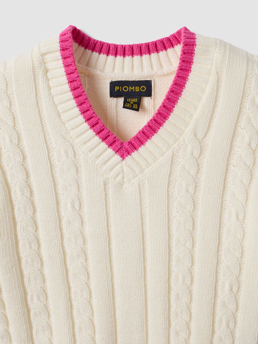 White pure cotton cable-knit V-neck jumper for girls_2