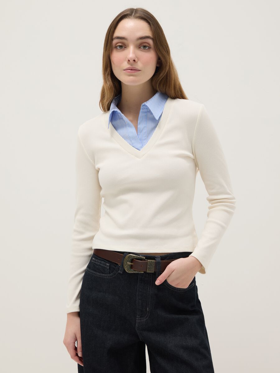 Beige regular fit stretch cotton T-shirt with contrast collar_0