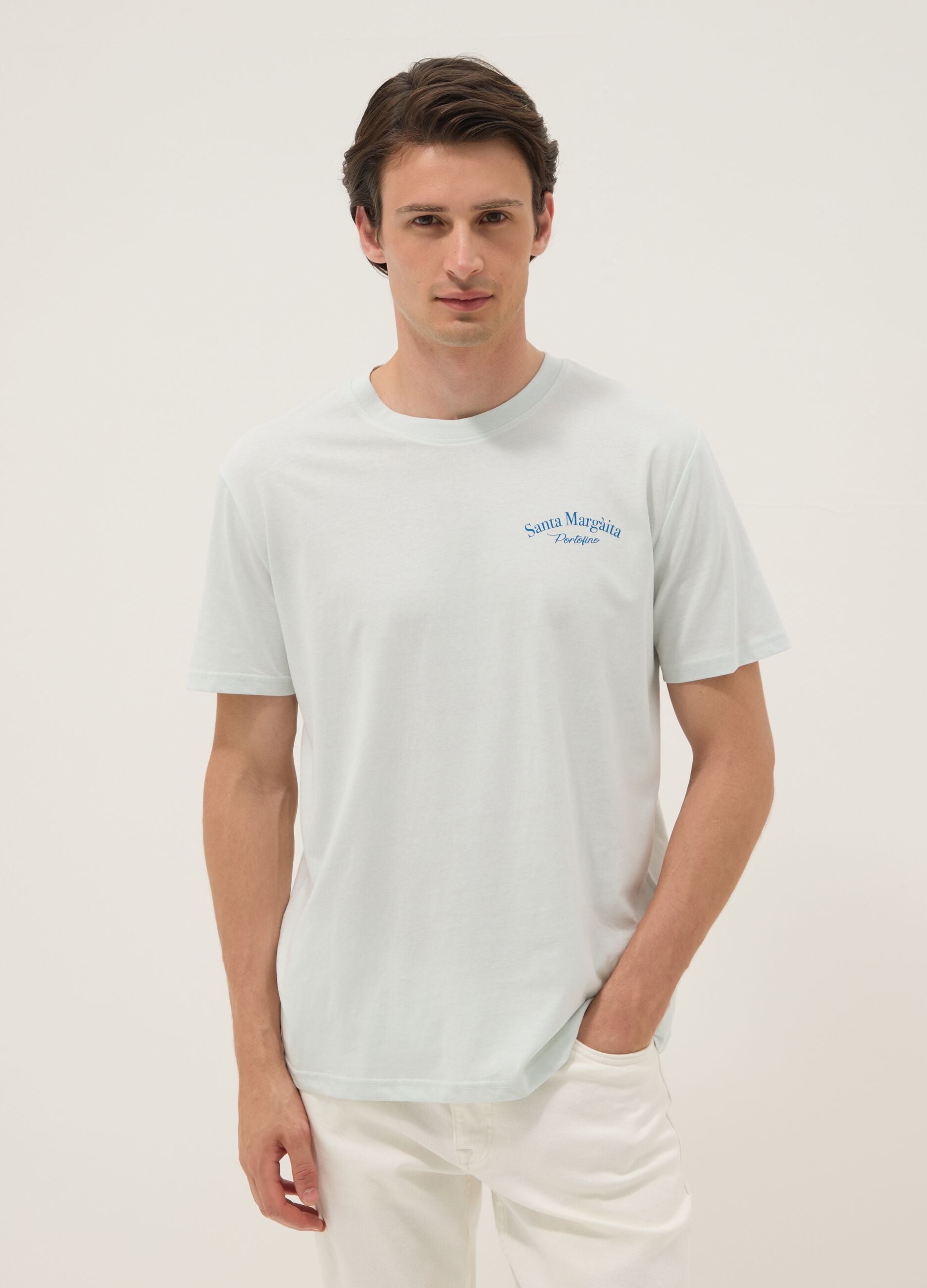 Blaues T-Shirt mit Schriftzug aus reiner Baumwolle, Regular Fit