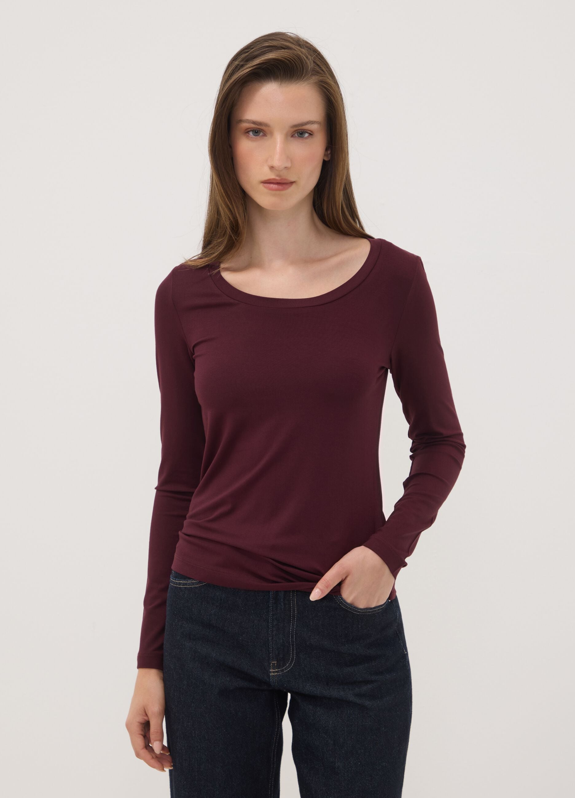 Purple stretch viscose slim-fit crew-neck T-shirt