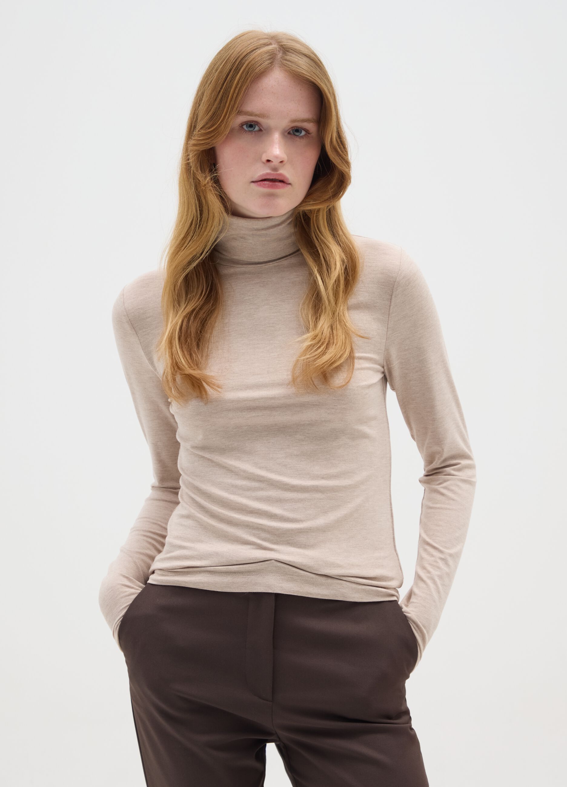 Beige Regular Fit Turtleneck Sweater