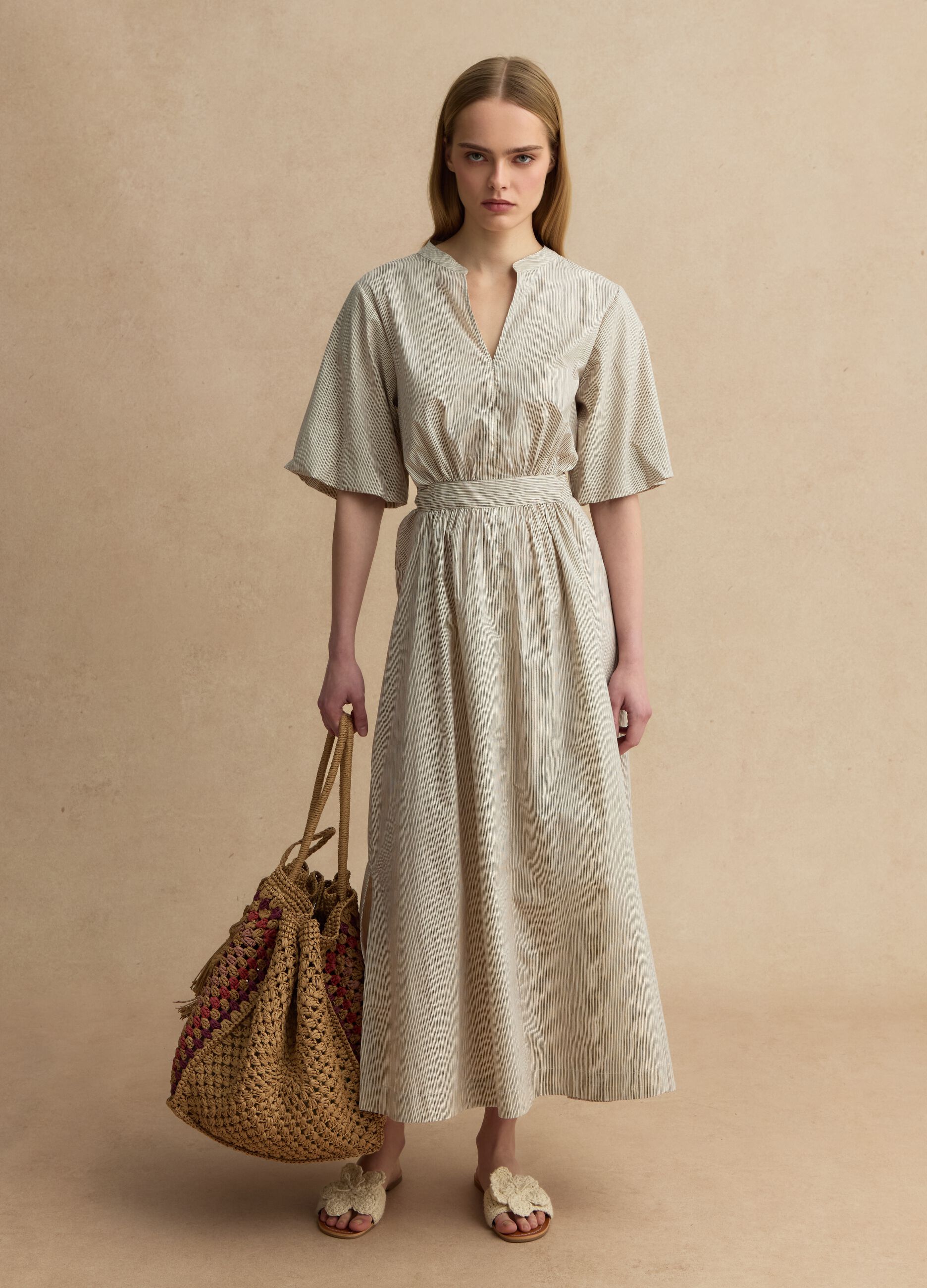 Beige striped pure cotton maxi dress, regular fit with V-neck