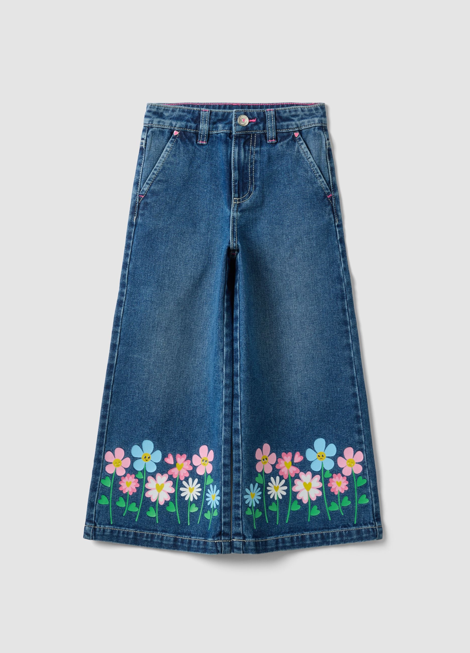Jeans azuis wide leg em algod&atilde;o puro com estampado floral para menina