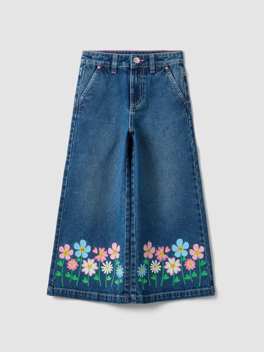 Blue wide-leg pure cotton jeans with floral print for girls_0
