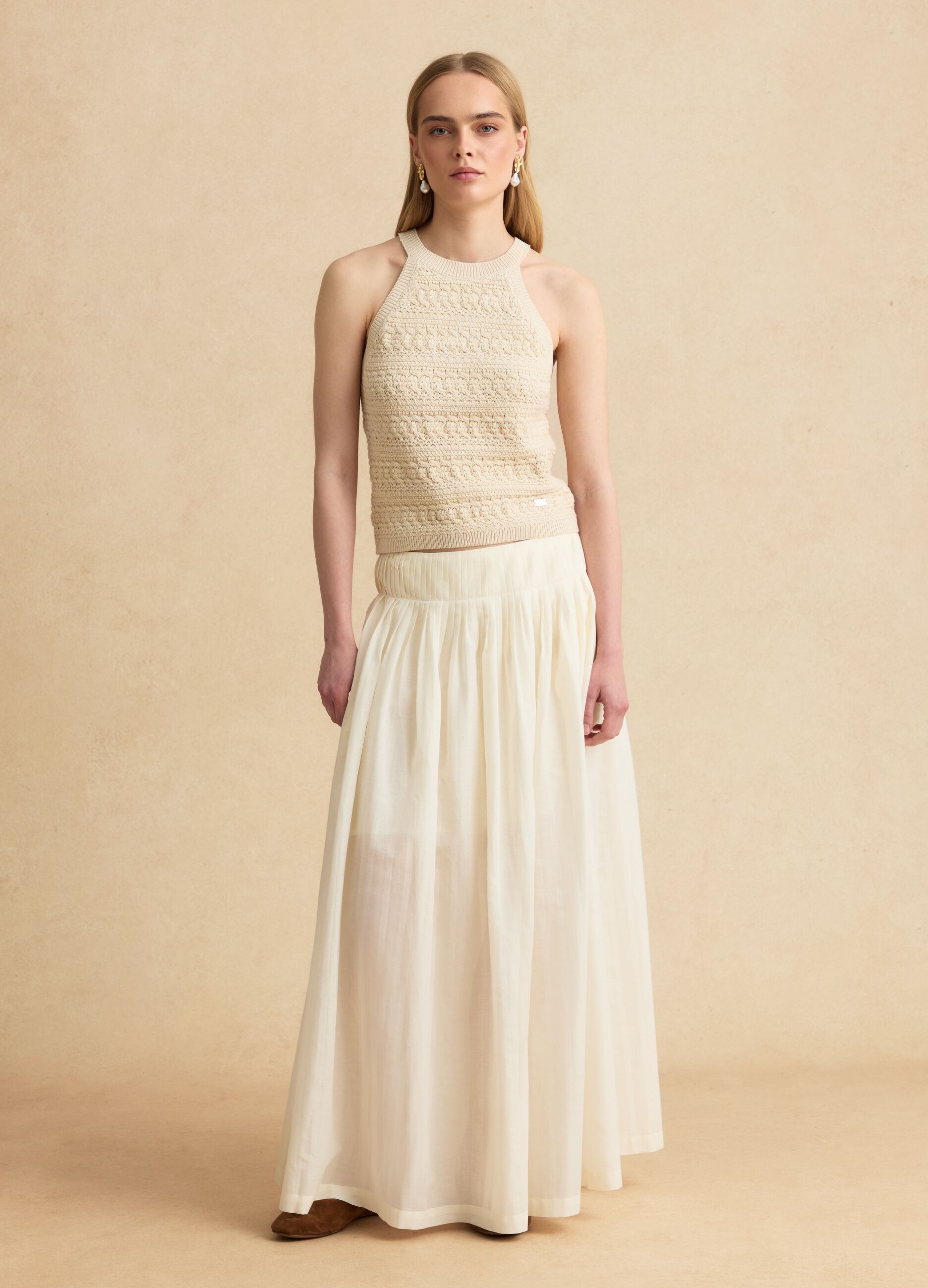 Beige pure cotton midi skirt