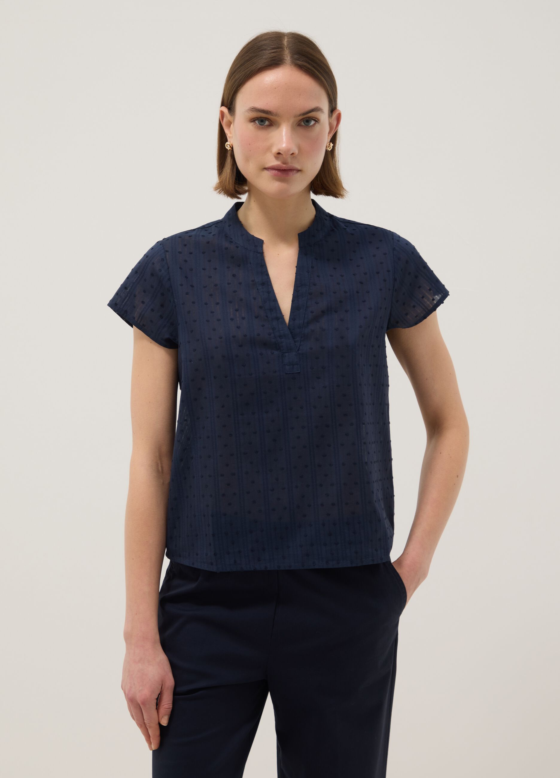 Blue pure cotton regular fit blouse with deep V transparency