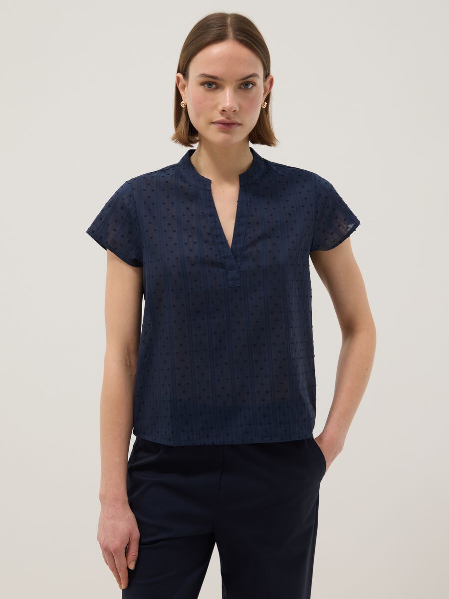 Blue pure cotton regular fit blouse with deep V transparency_0