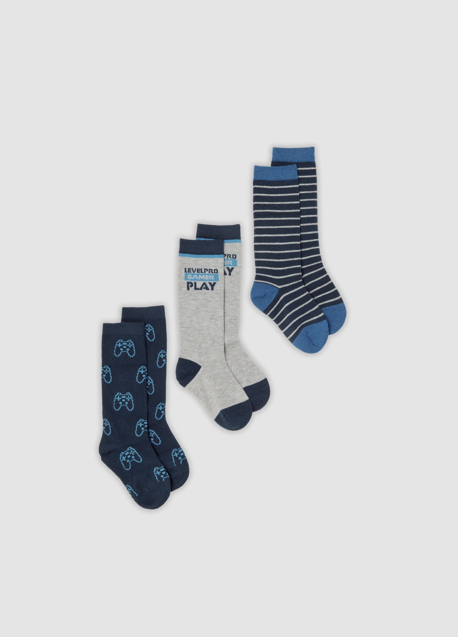 Tripack di calze lunghe blu e grigie in cotone organico elasticizzato