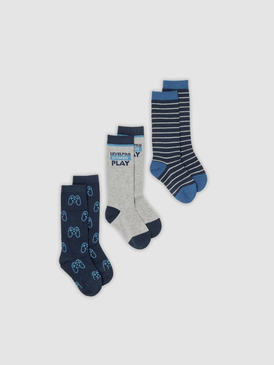 Tripack di calze lunghe blu e grigie in cotone organico elasticizzato_0
