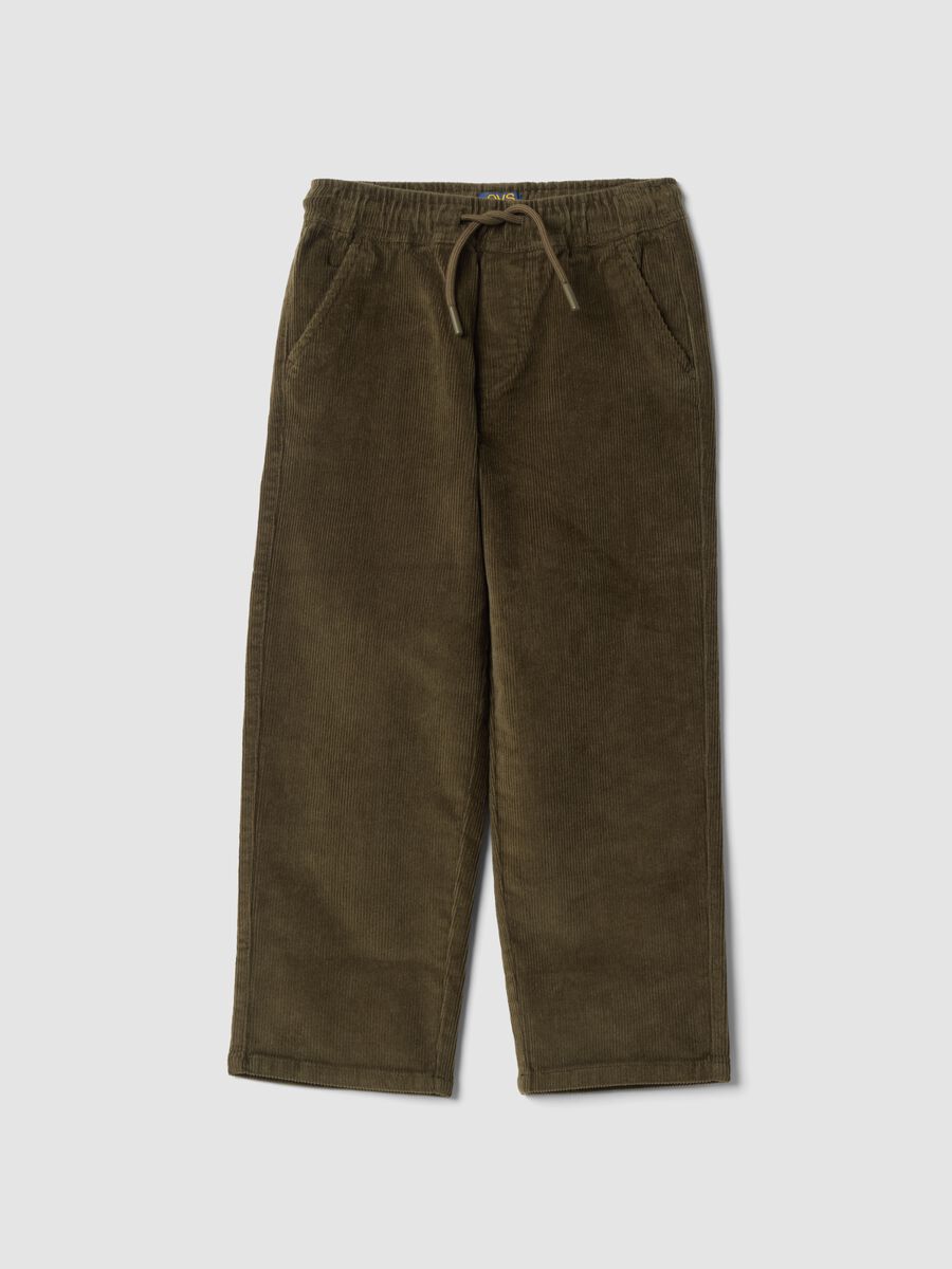 Pantaloni verdi in cotone elasticizzato a coste_0