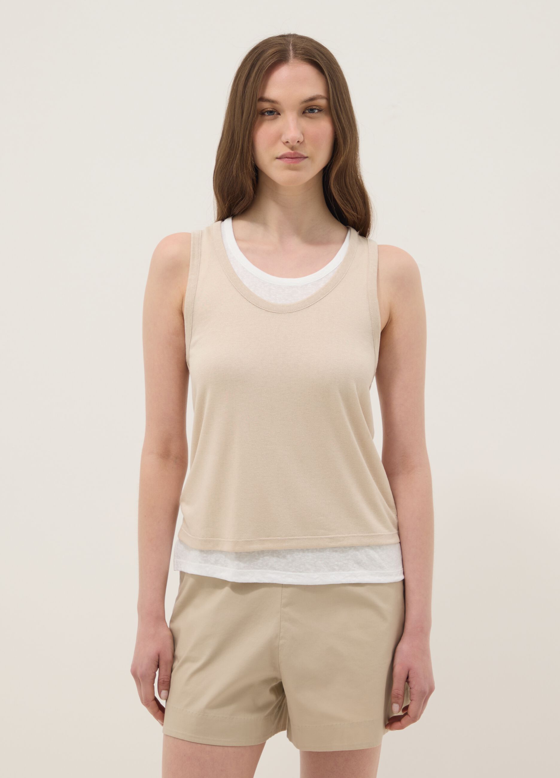 Beige regular-fit viscose-blend tank top