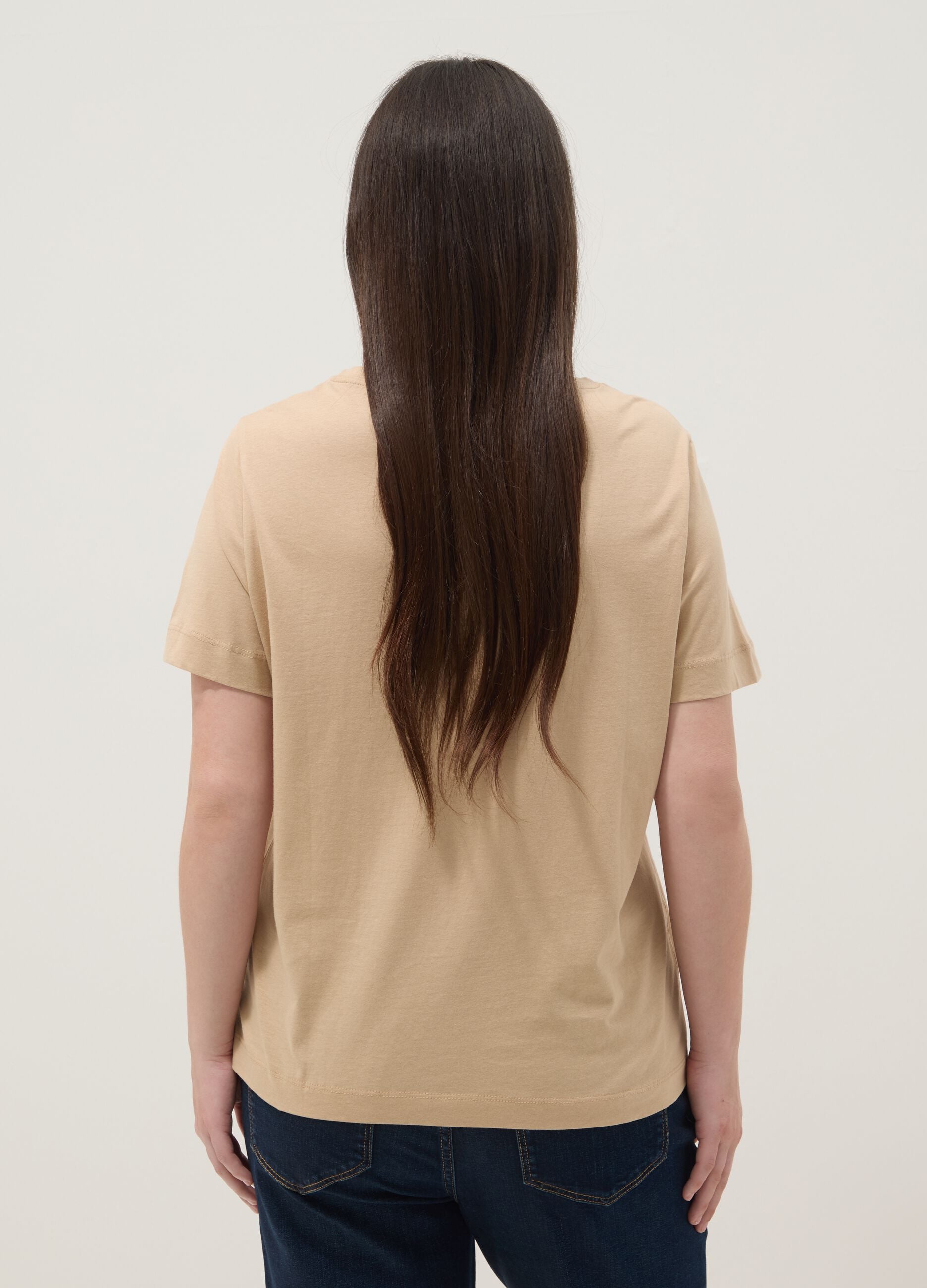 Beige short-sleeve pure cotton printed T-shirt, regular fit