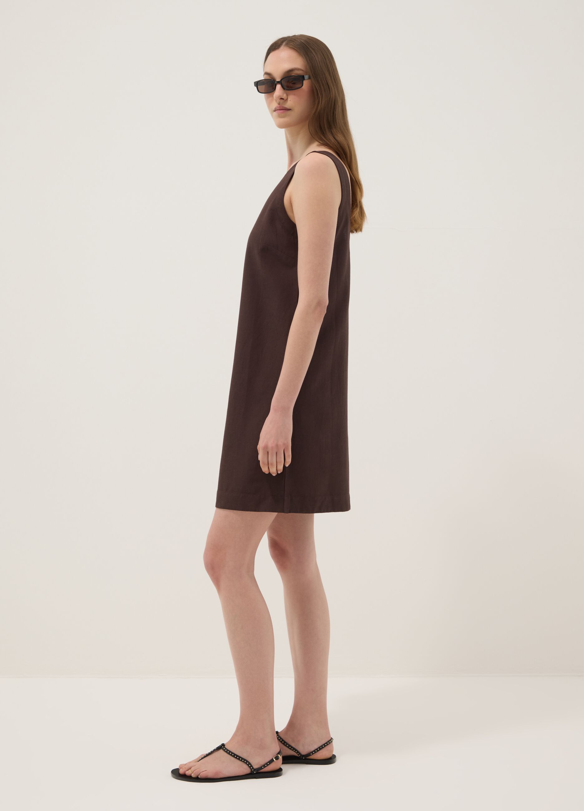 Brown regular-fit dress in a viscose, cotton and linen blend