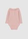 Pink cotton blend baby bodysuit with ruffled collar and long sleeves_1