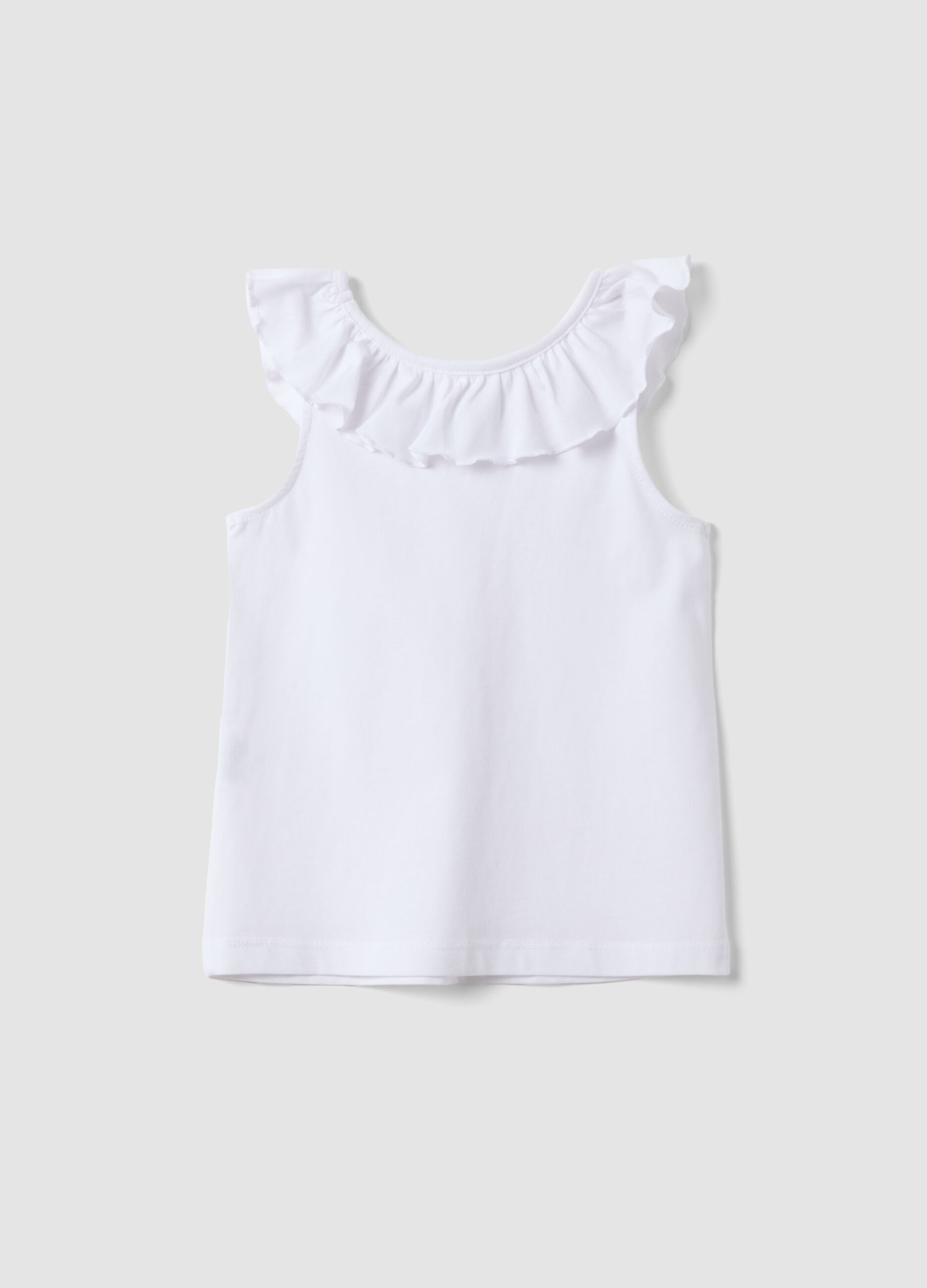 White pure cotton girls&rsquo; regular-fit tank top with ruffles