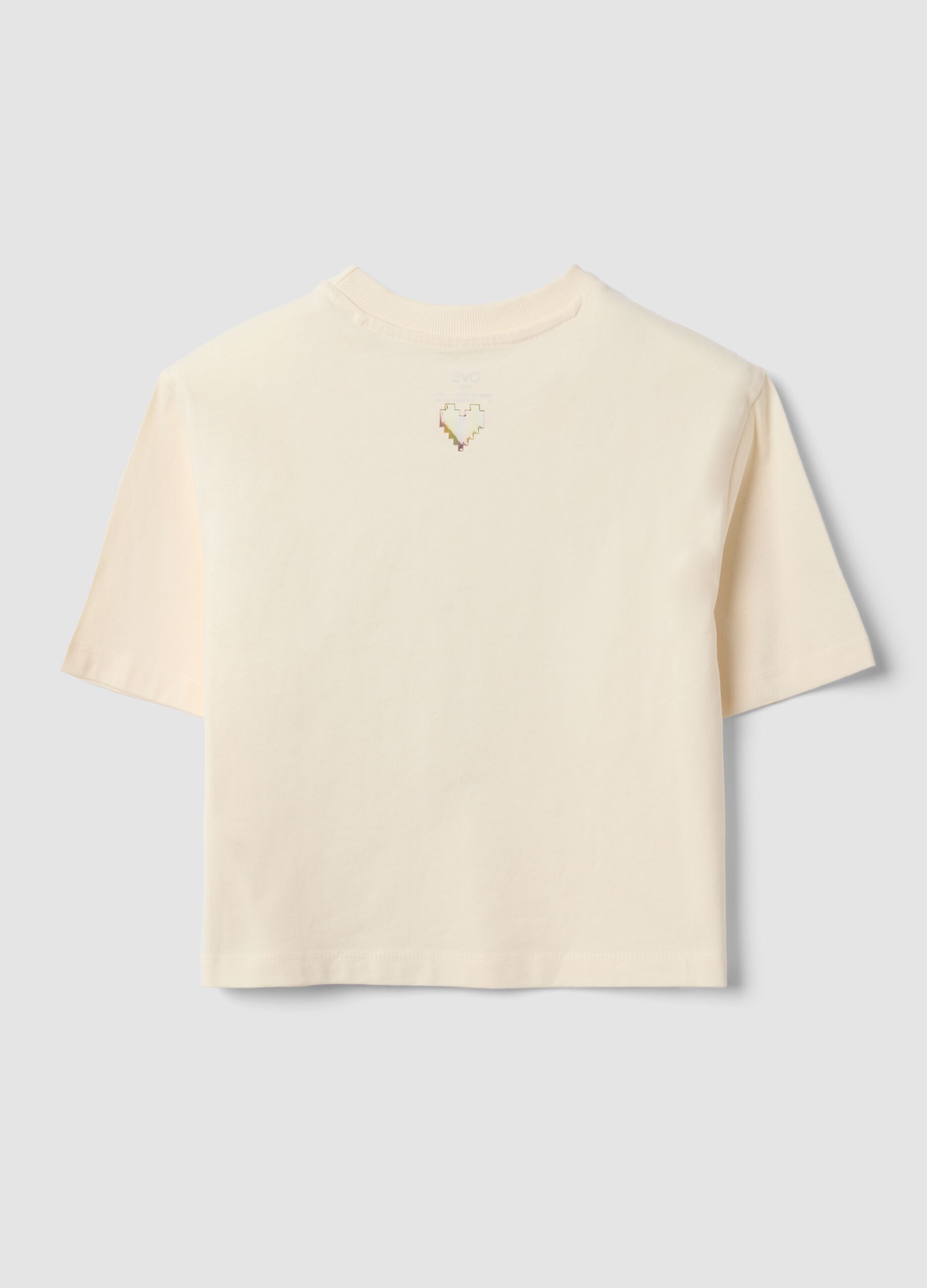 T-shirt beige in puro cotone con collo a costine e scritta frontale