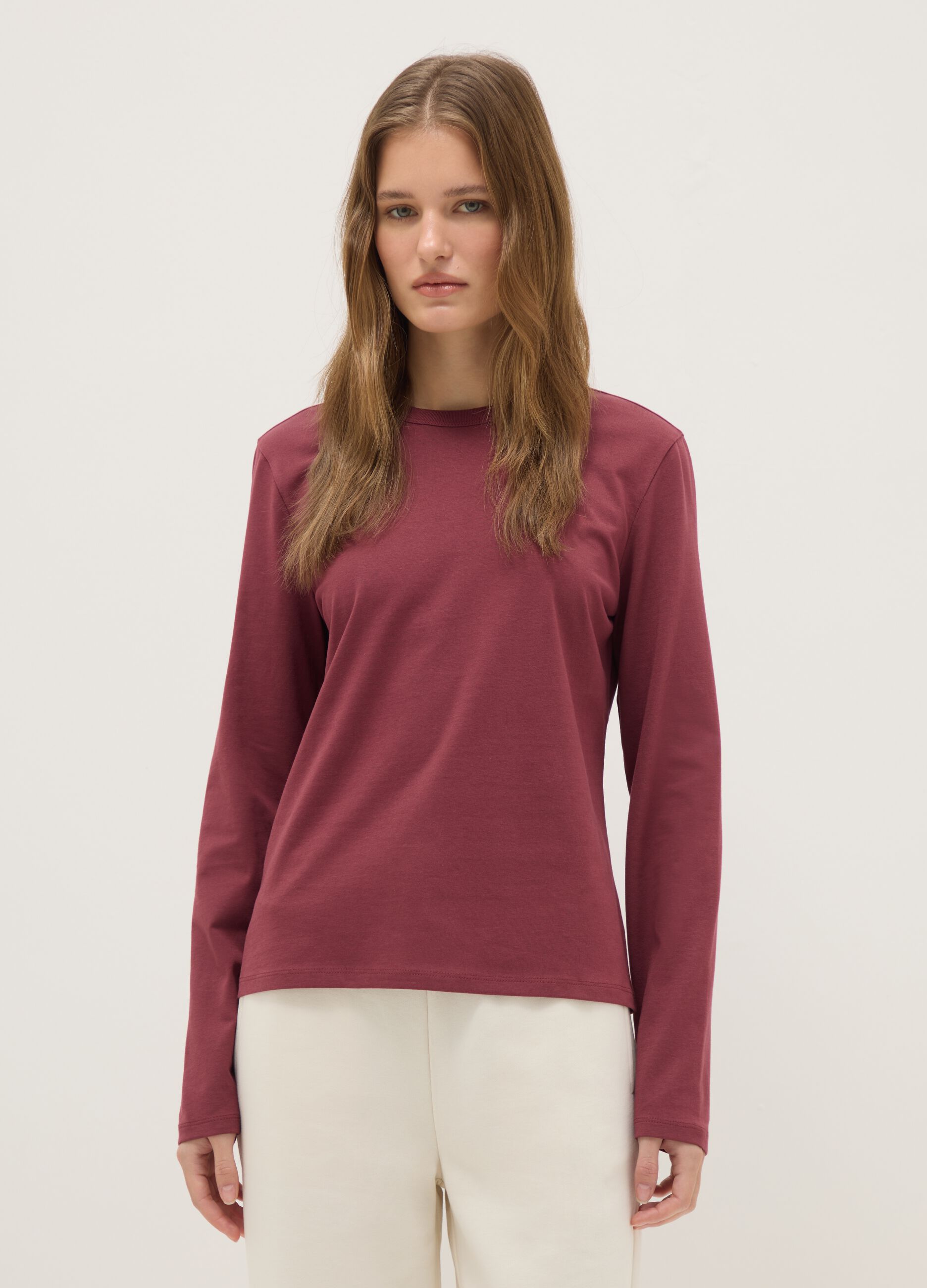 Long sleeve red T-shirt in pure cotton with regular fit