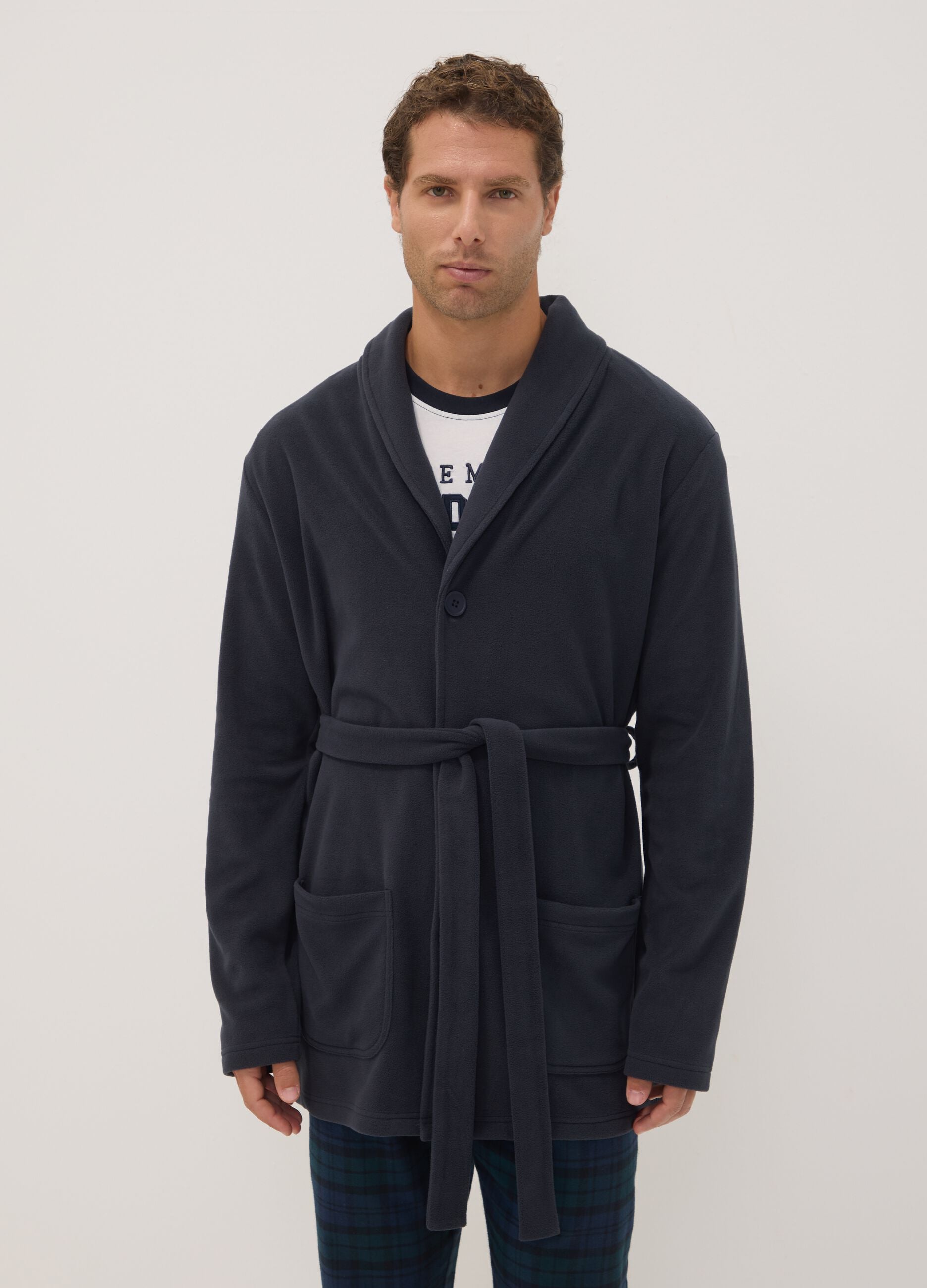 Vestaglia blu navy con cintura e tasche applicate